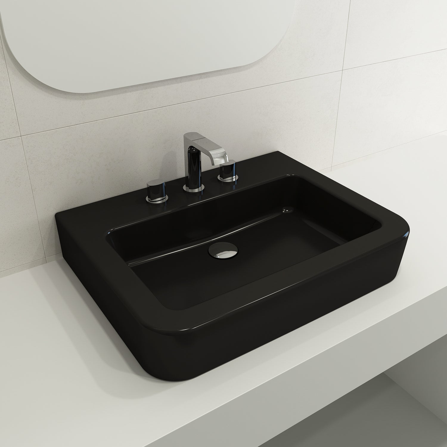 Alternate Image for BOCCHI Parma 26" Rectangle Wallmount Fireclay Bathroom Sink, Matte Black, 3 Faucet Hole, 1123-004-0127