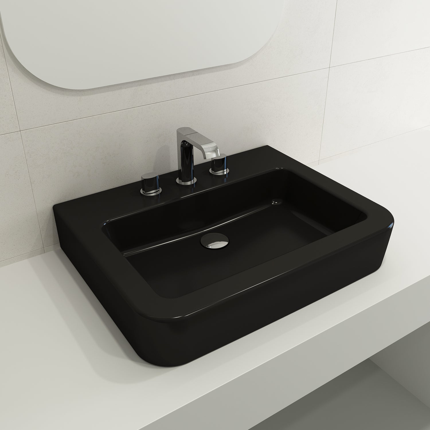 Alternate Image for BOCCHI Parma 26" Rectangle Wallmount Fireclay Bathroom Sink, Matte Black, 3 Faucet Hole, 1123-004-0127