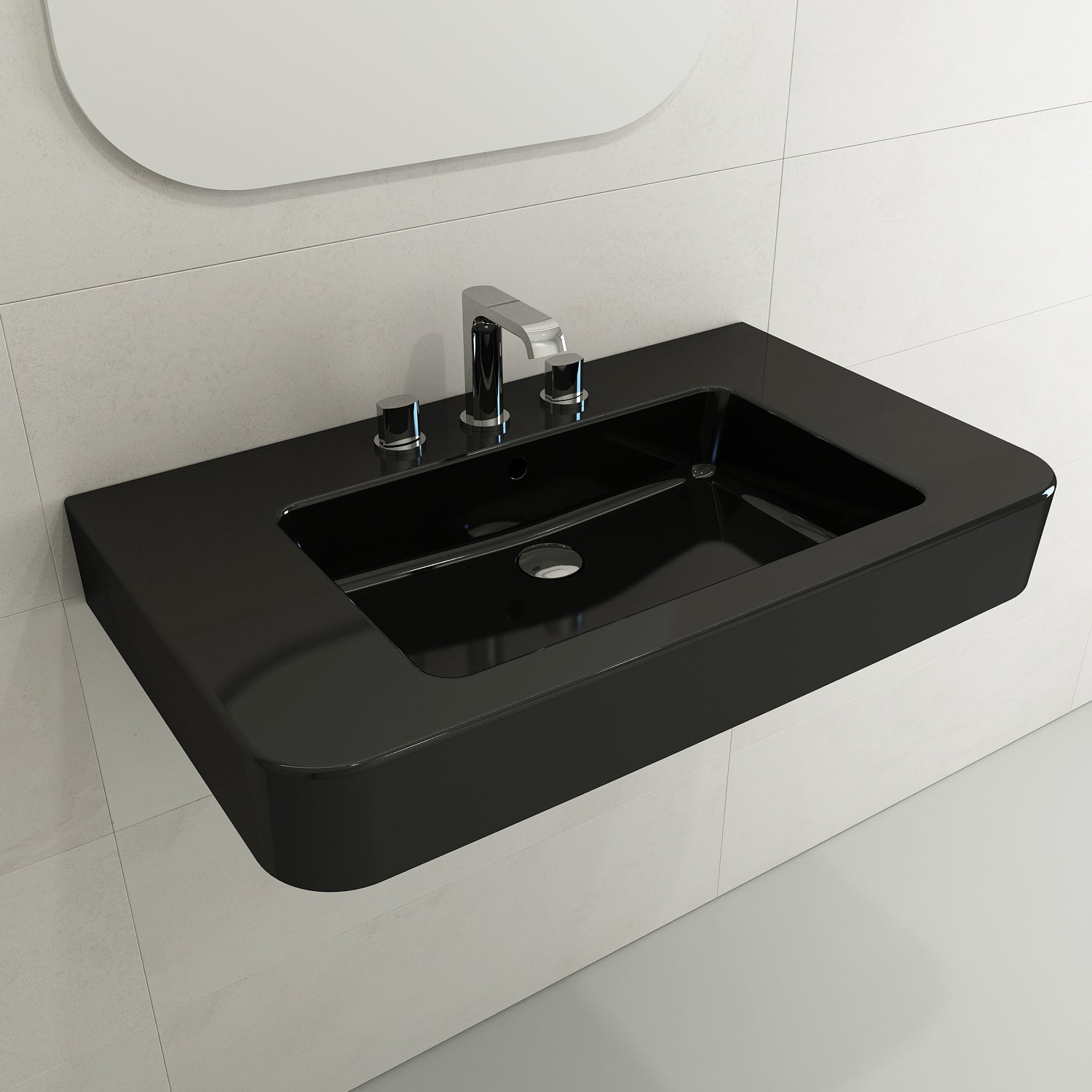 BOCCHI Parma 34" Rectangle Wallmount Fireclay Bathroom Sink, Black, 3 Faucet Hole, 1124-005-0127