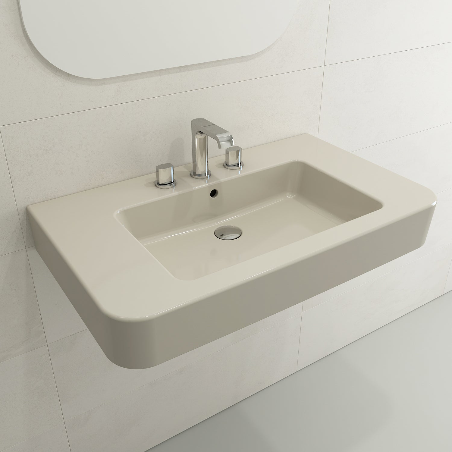 BOCCHI Parma 34" Rectangle Wallmount Fireclay Bathroom Sink, Biscuit, 3 Faucet Hole, 1124-014-0127