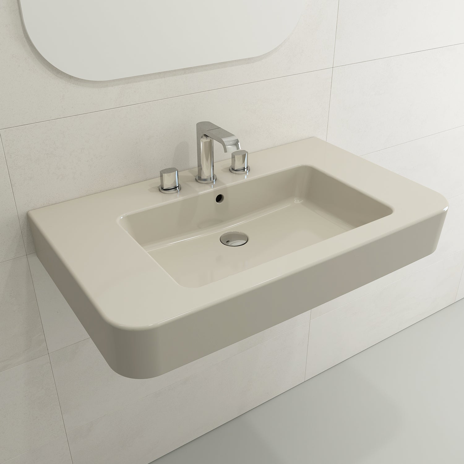 BOCCHI Parma 34" Rectangle Wallmount Fireclay Bathroom Sink, Biscuit, 3 Faucet Hole, 1124-014-0127