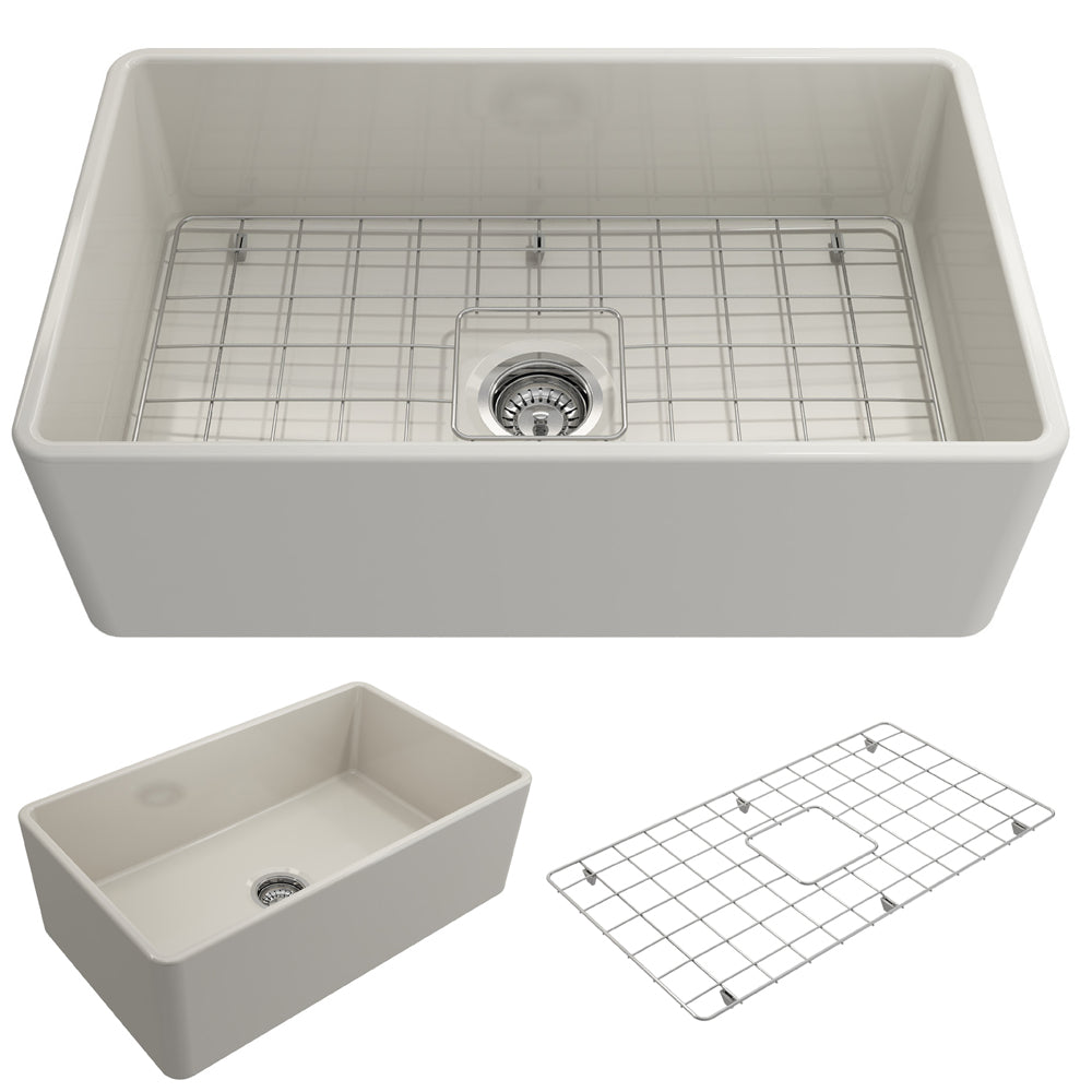 BOCCHI Classico 30" Fireclay Farmhouse Apron Single Bowl Kitchen Sink, Biscuit, 1138-014-0120