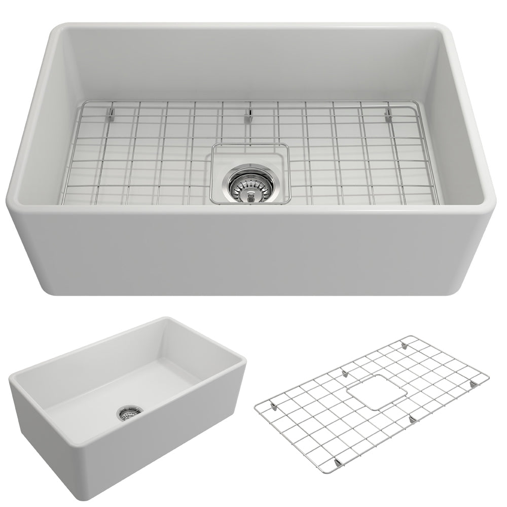 BOCCHI Classico 30" Fireclay Farmhouse Apron Single Bowl Kitchen Sink, Matte White, 1138-002-0120