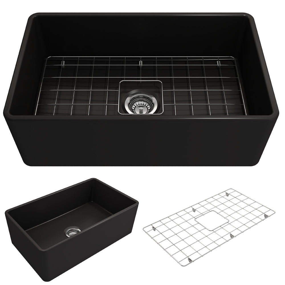 BOCCHI Classico 30" Fireclay Farmhouse Apron Single Bowl Kitchen Sink, Matte Black, 1138-004-0120