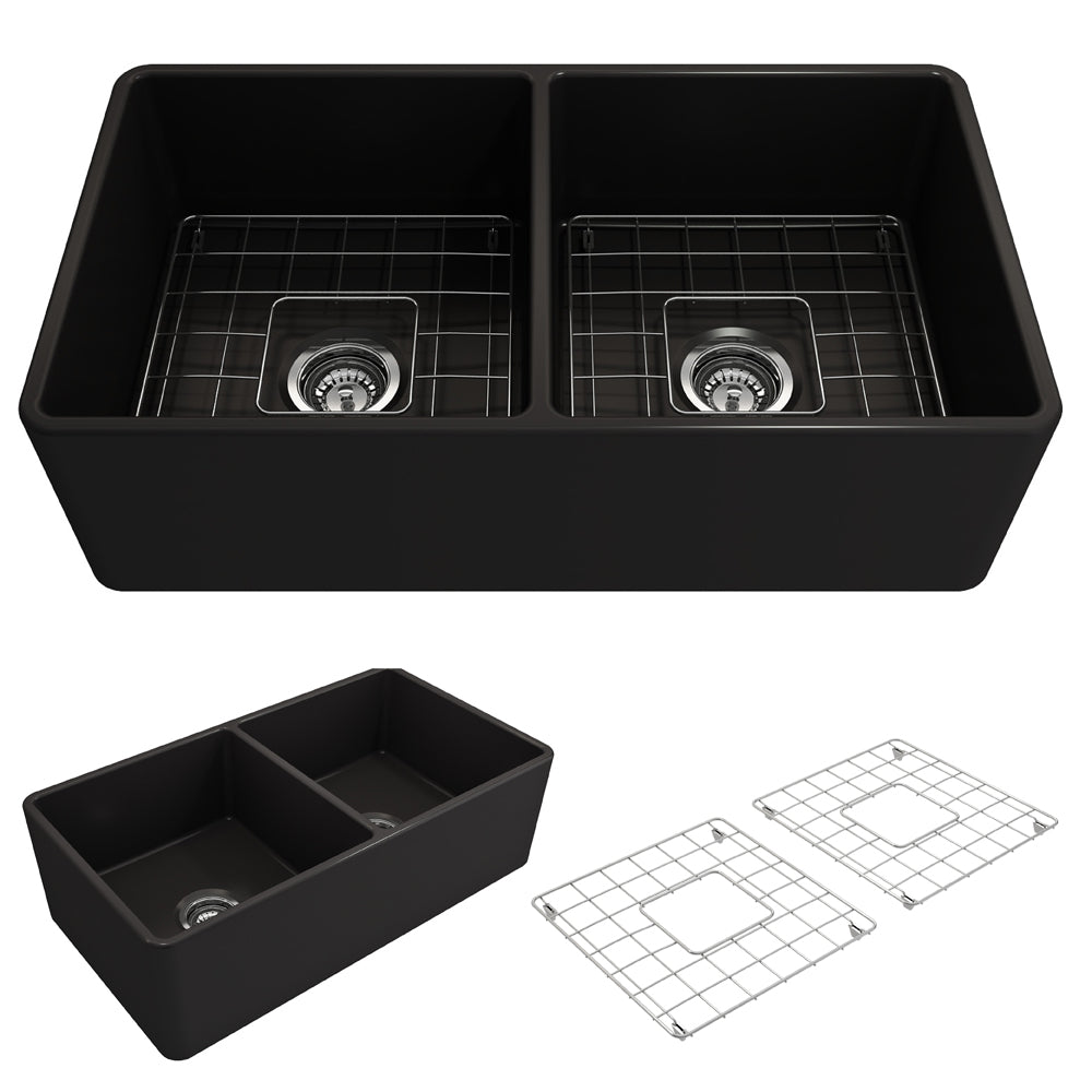 BOCCHI Classico 33" Fireclay Farmhouse Apron 50/50 Double Bowl Kitchen Sink, Matte Black, 1139-004-0120