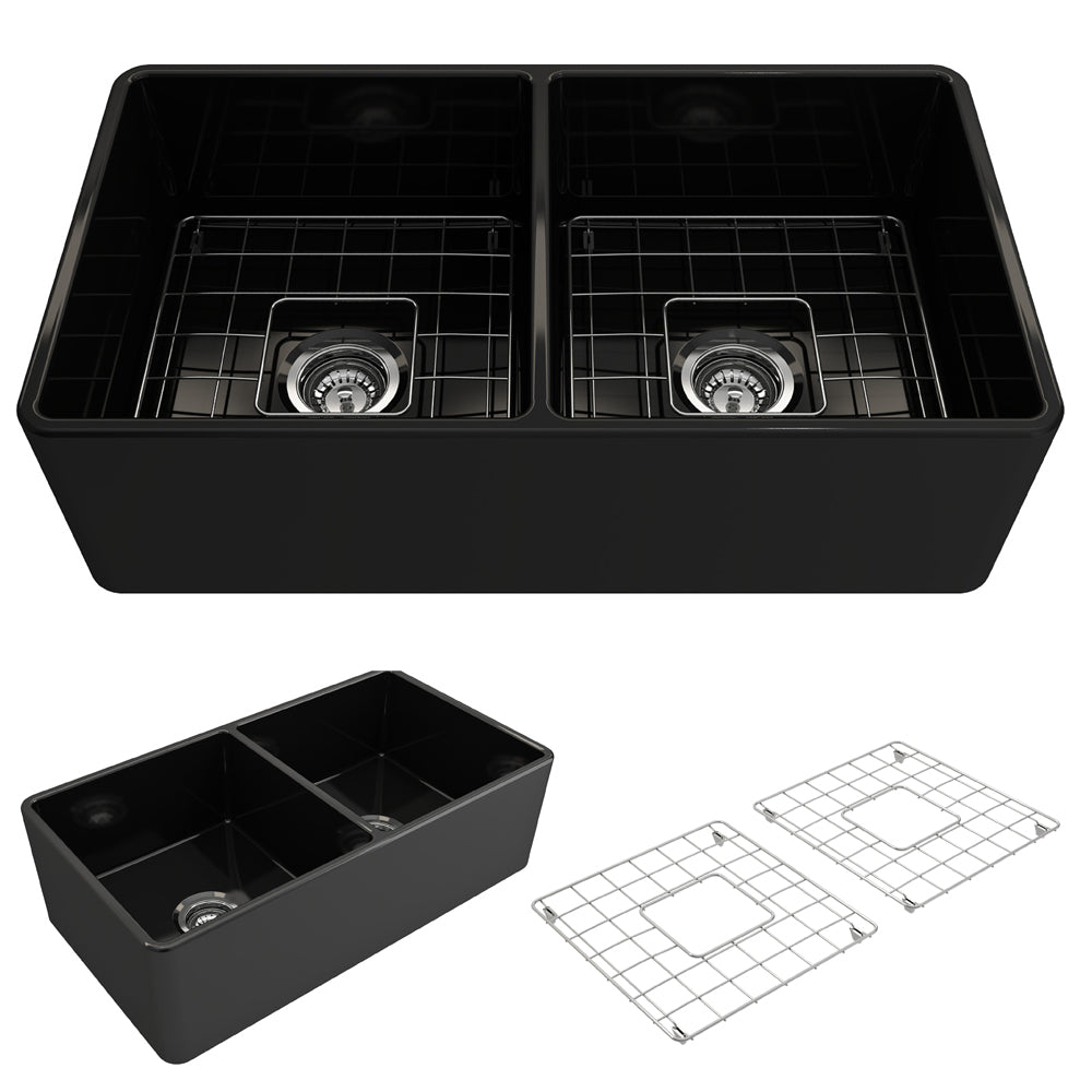 BOCCHI Classico 33" Fireclay Farmhouse Apron 50/50 Double Bowl Kitchen Sink, Black, 1139-005-0120