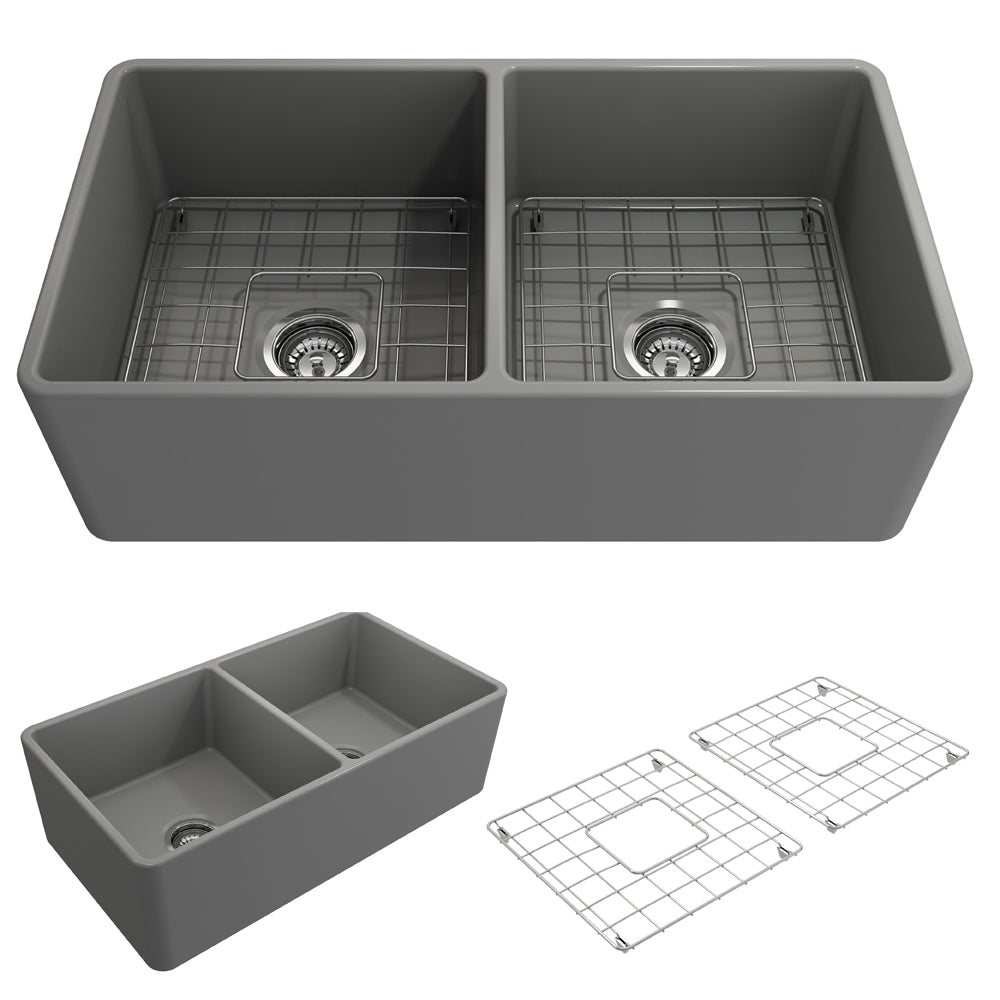 Alternate Image for BOCCHI Classico 33" Fireclay Farmhouse Apron 50/50 Double Bowl Kitchen Sink, Matte Gray, 1139-006-0120