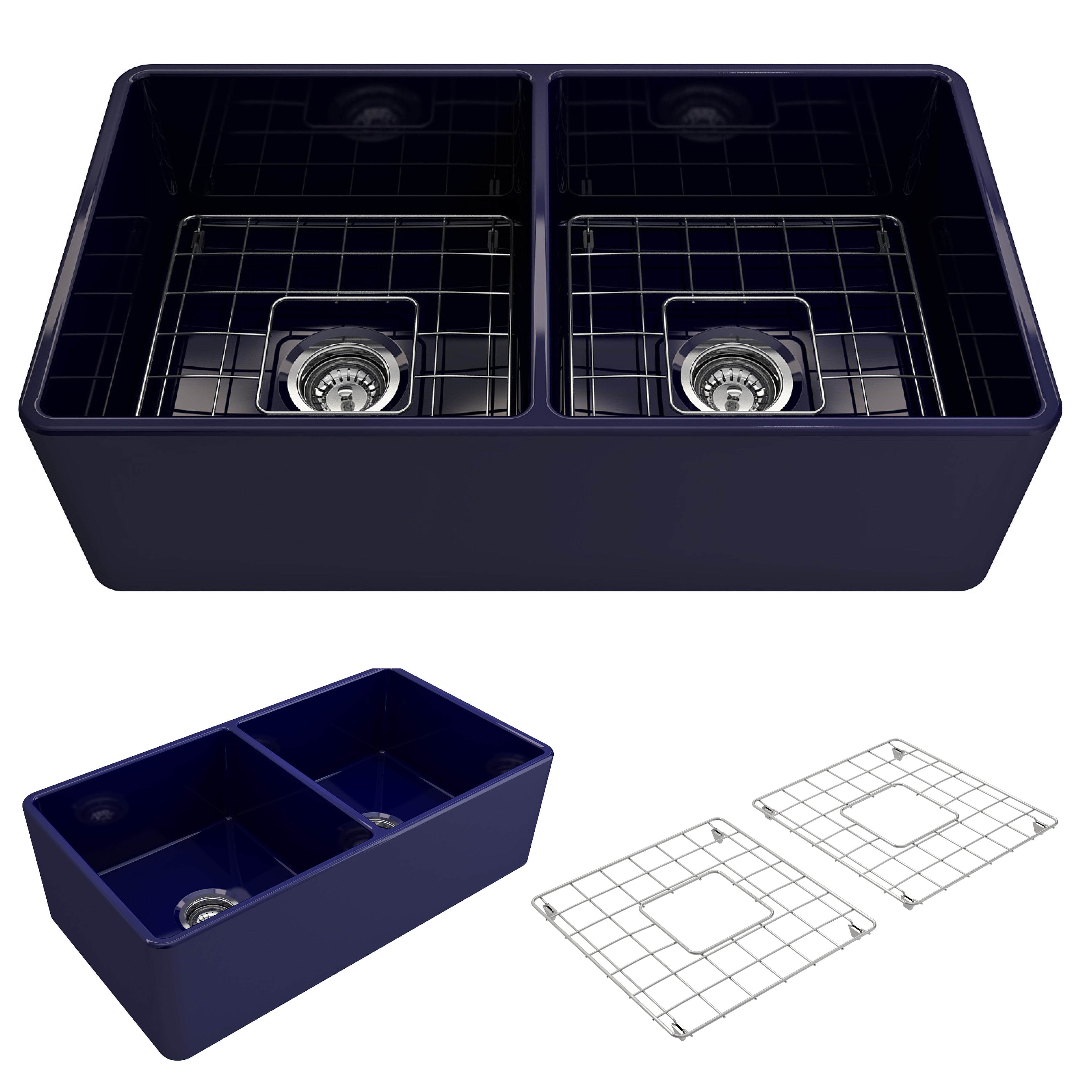 BOCCHI Classico 33" Fireclay Farmhouse Apron 50/50 Double Bowl Kitchen Sink, Sapphire Blue, 1139-010-0120