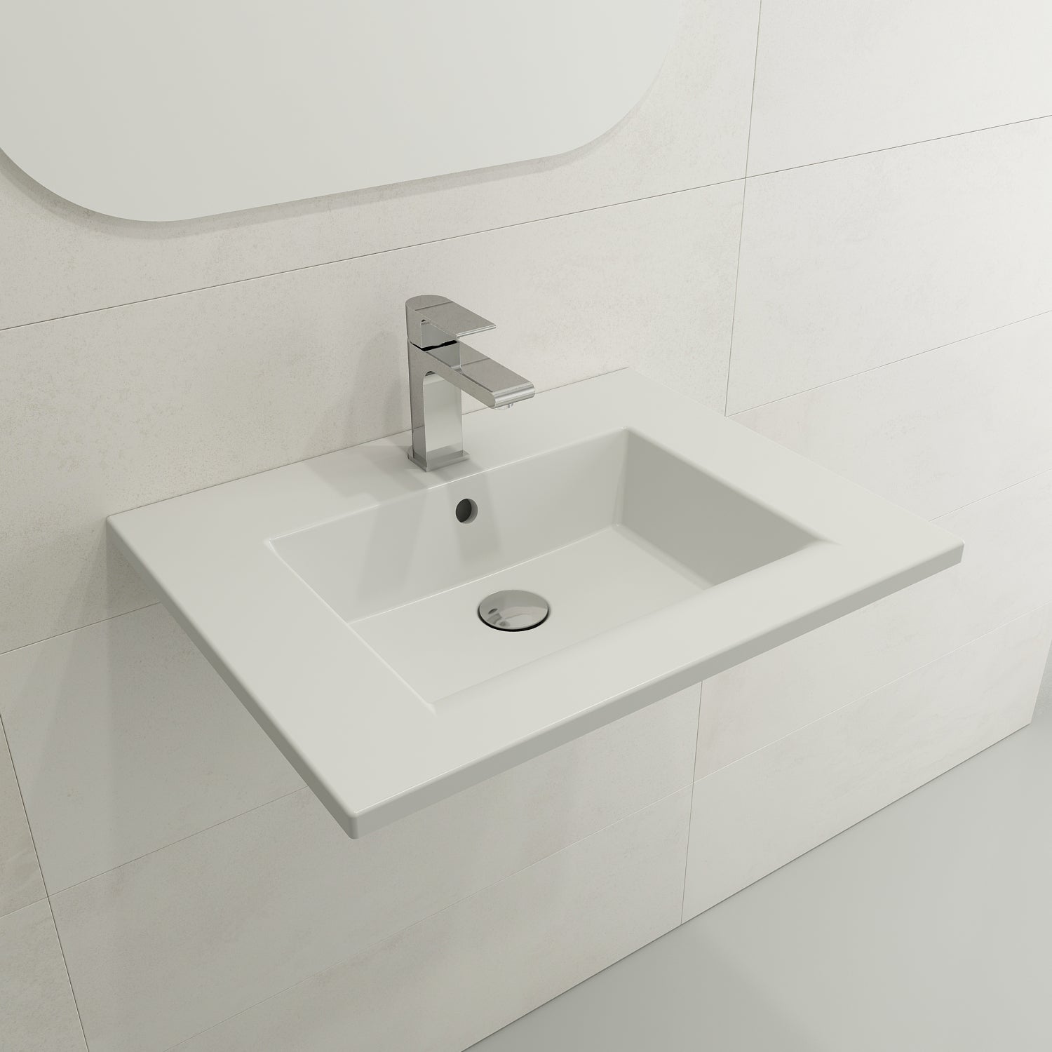 BOCCHI Ravenna 25" Rectangle Wallmount Fireclay Bathroom Sink, Matte White, Single Faucet Hole, 1161-002-0126