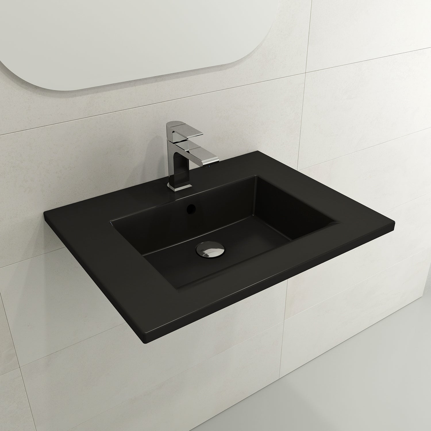 BOCCHI Ravenna 25" Rectangle Wallmount Fireclay Bathroom Sink, Matte Black, Single Faucet Hole, 1161-004-0126