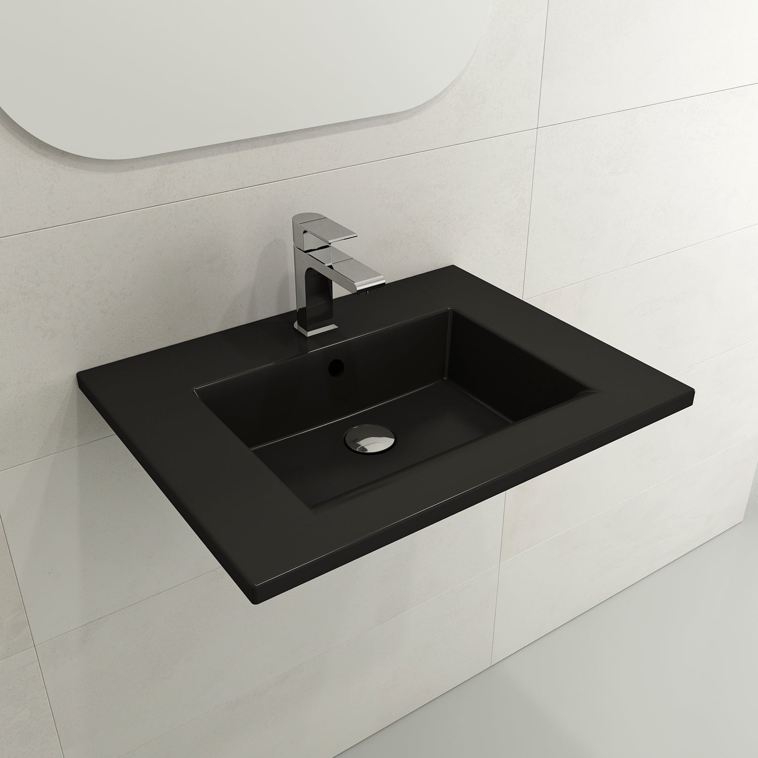 BOCCHI Ravenna 25" Rectangle Wallmount Fireclay Bathroom Sink, Matte Black, Single Faucet Hole, 1161-004-0126