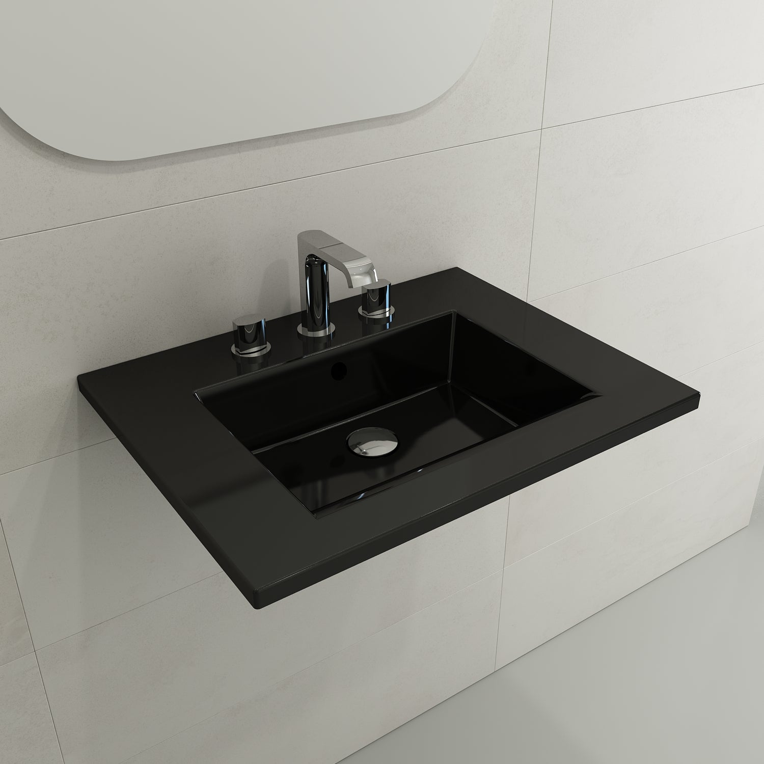 BOCCHI Ravenna 25" Rectangle Wallmount Fireclay Bathroom Sink, Black, 3 Faucet Hole, 1161-005-0127
