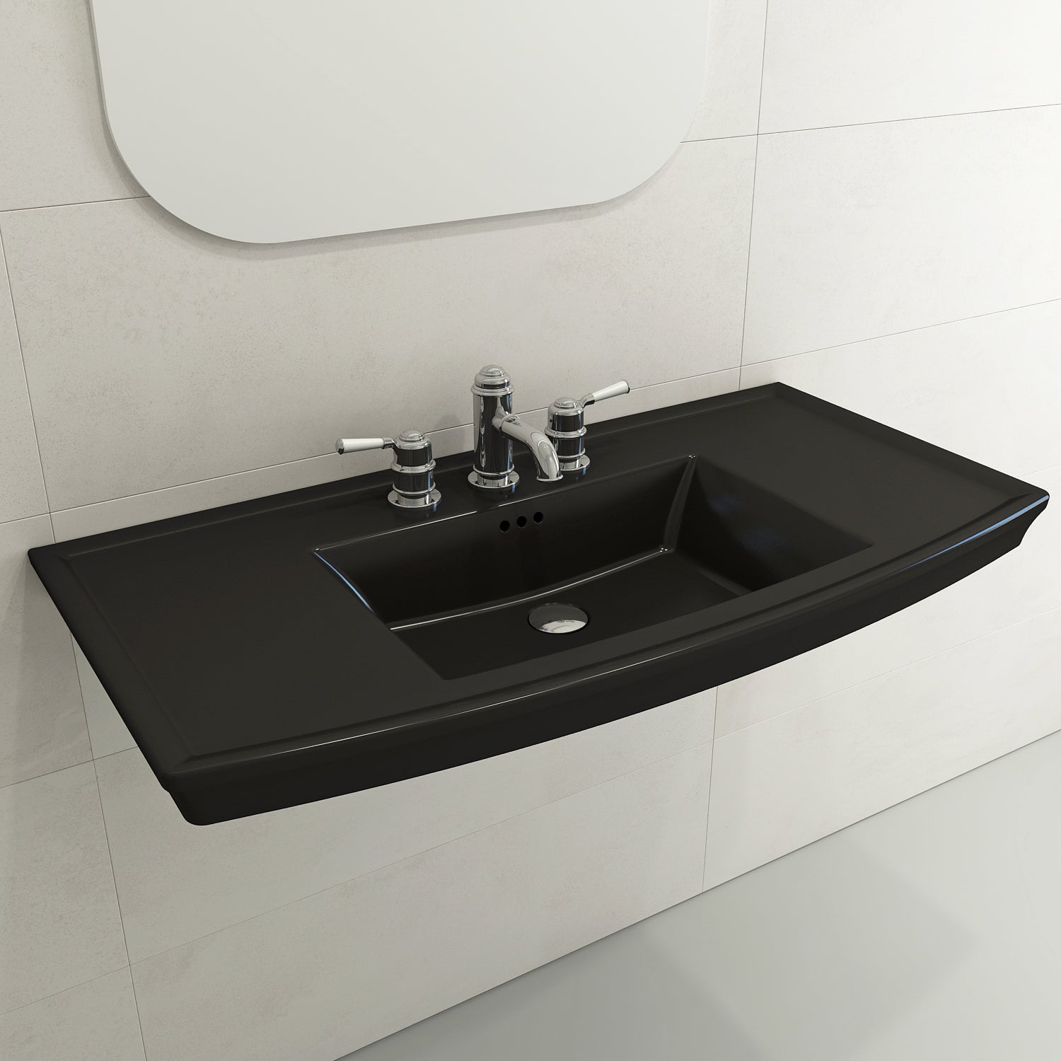 BOCCHI Lavita 40" Rectangle Wallmount Fireclay Bathroom Sink, Matte Black, 3 Faucet Hole, 1168-004-0127
