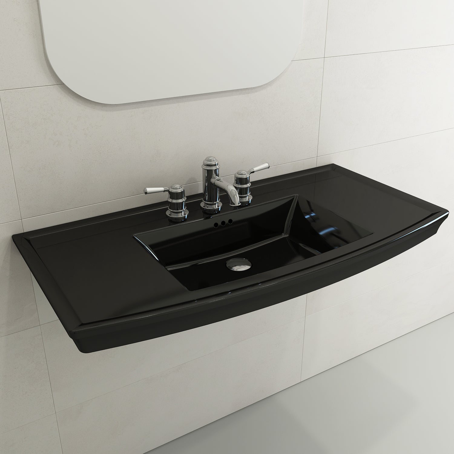 BOCCHI Lavita 40" Rectangle Wallmount Fireclay Bathroom Sink, Black, 3 Faucet Hole, 1168-005-0127