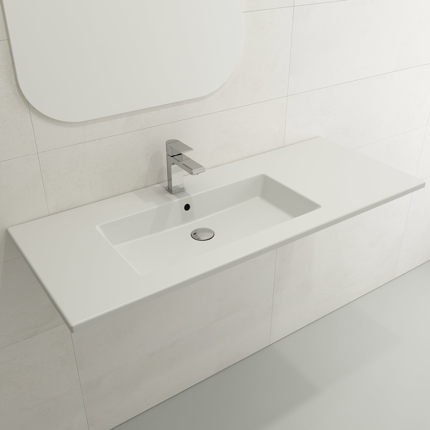 BOCCHI Ravenna 48" Rectangle Wallmount Fireclay Bathroom Sink, Matte White, Single Faucet Hole, 1305-002-0126