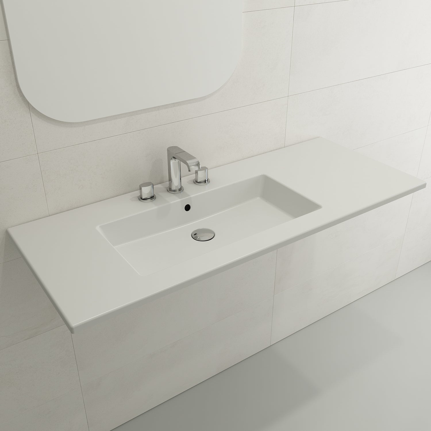 BOCCHI Ravenna 48" Rectangle Wallmount Fireclay Bathroom Sink, Matte White, 3 Faucet Hole, 1305-002-0127