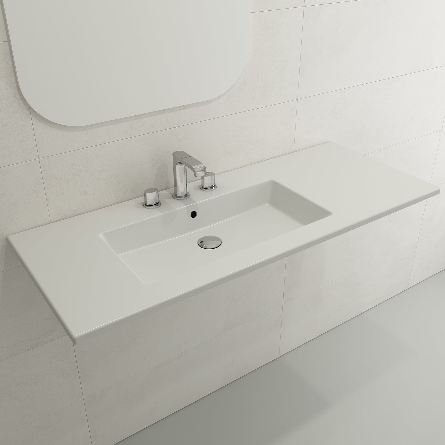 BOCCHI Ravenna 48" Rectangle Wallmount Fireclay Bathroom Sink, Matte White, 3 Faucet Hole, 1305-002-0127