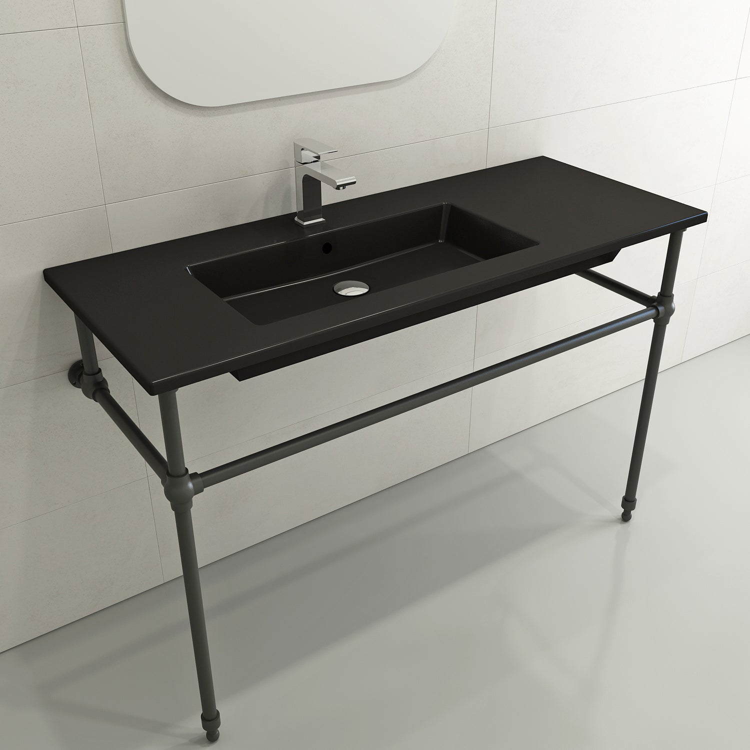 Alternate Image for BOCCHI Ravenna 48" Rectangle Wallmount Fireclay Bathroom Sink, Matte Black , Single Faucet Hole, 1305-004-0126