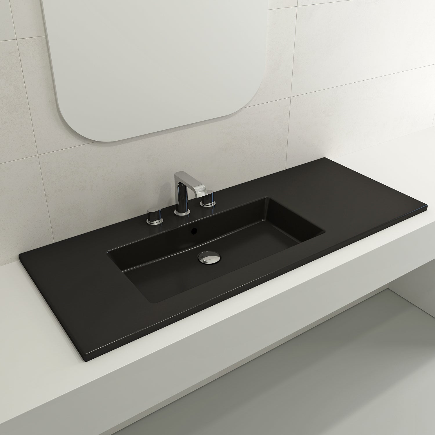 Alternate Image for BOCCHI Ravenna 48" Rectangle Wallmount Fireclay Bathroom Sink, Matte Black , 3 Faucet Hole, 1305-004-0127