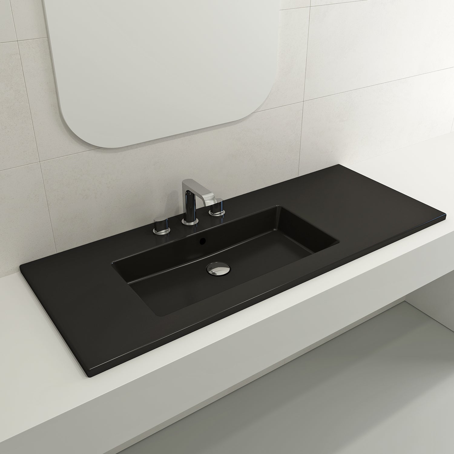 Alternate Image for BOCCHI Ravenna 48" Rectangle Wallmount Fireclay Bathroom Sink, Matte Black , 3 Faucet Hole, 1305-004-0127