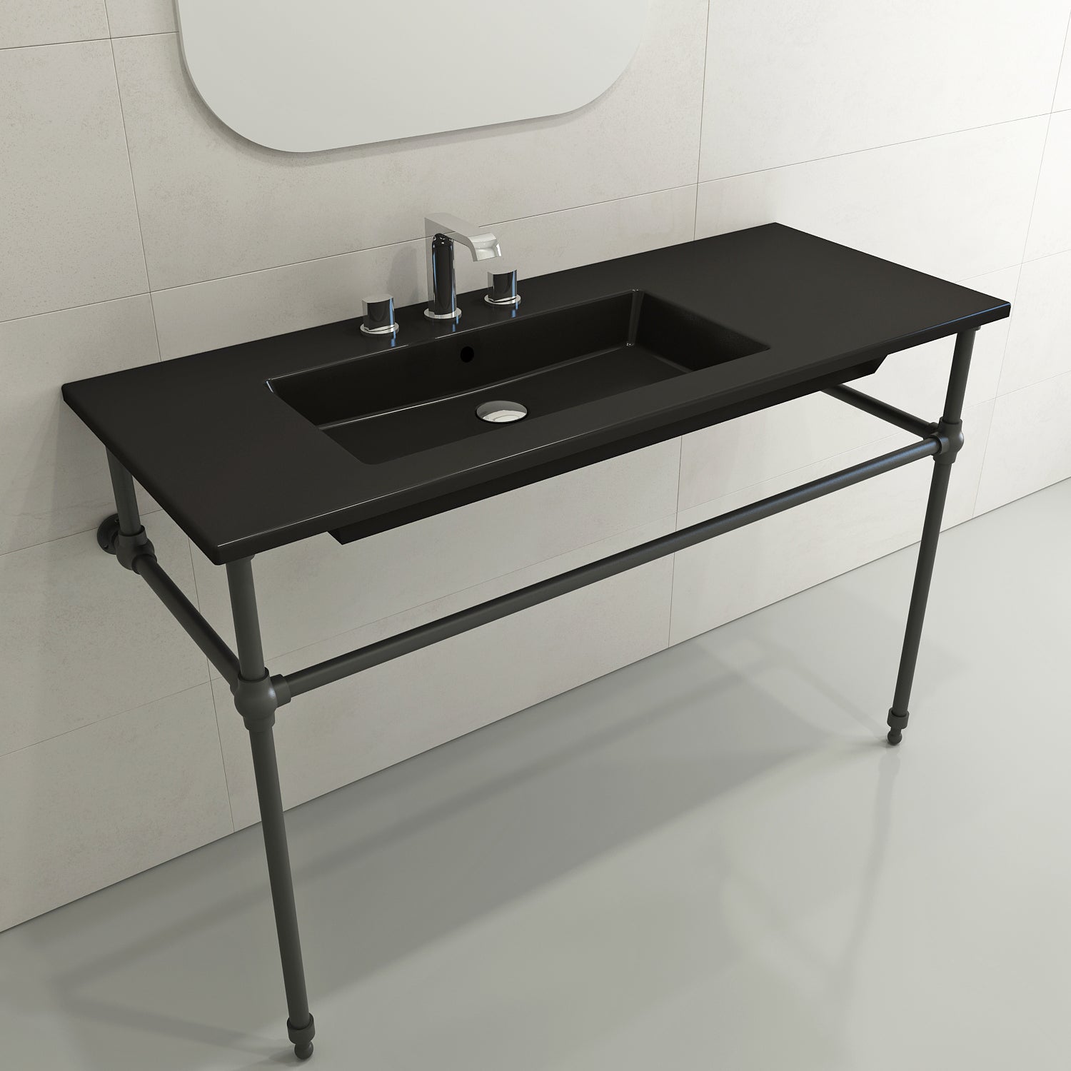 Alternate Image for BOCCHI Ravenna 48" Rectangle Wallmount Fireclay Bathroom Sink, Matte Black , 3 Faucet Hole, 1305-004-0127