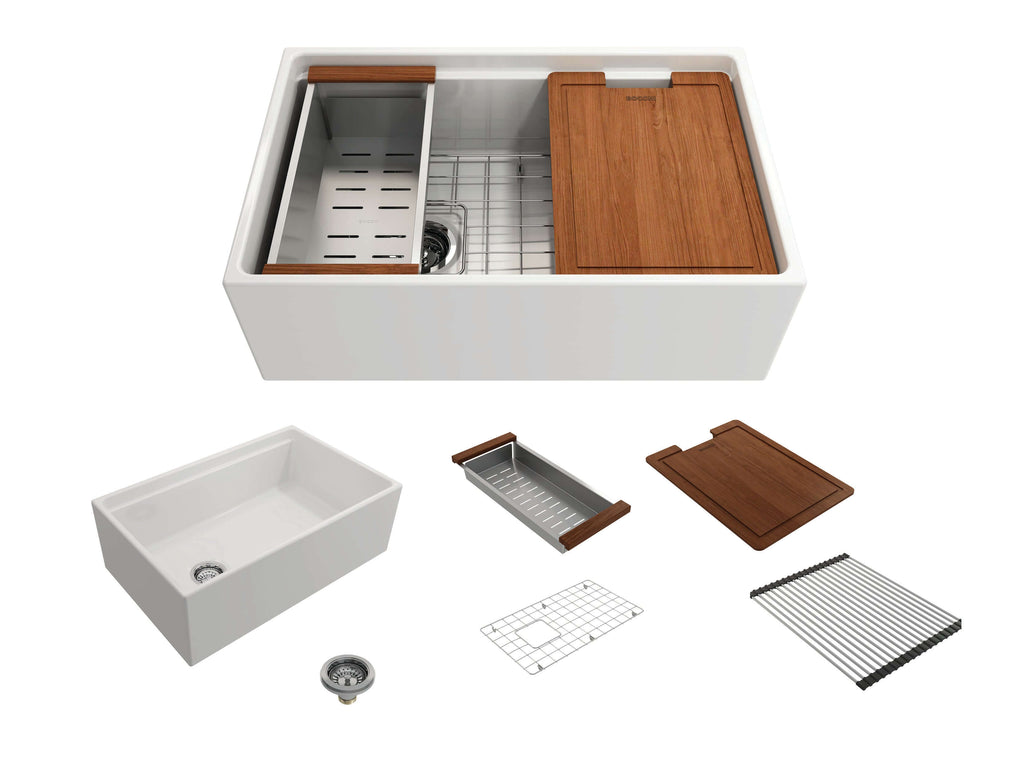 BOCCHI Contempo 30" Fireclay Workstation Farmhouse Sink with Accessories, White, 1344-001-0120