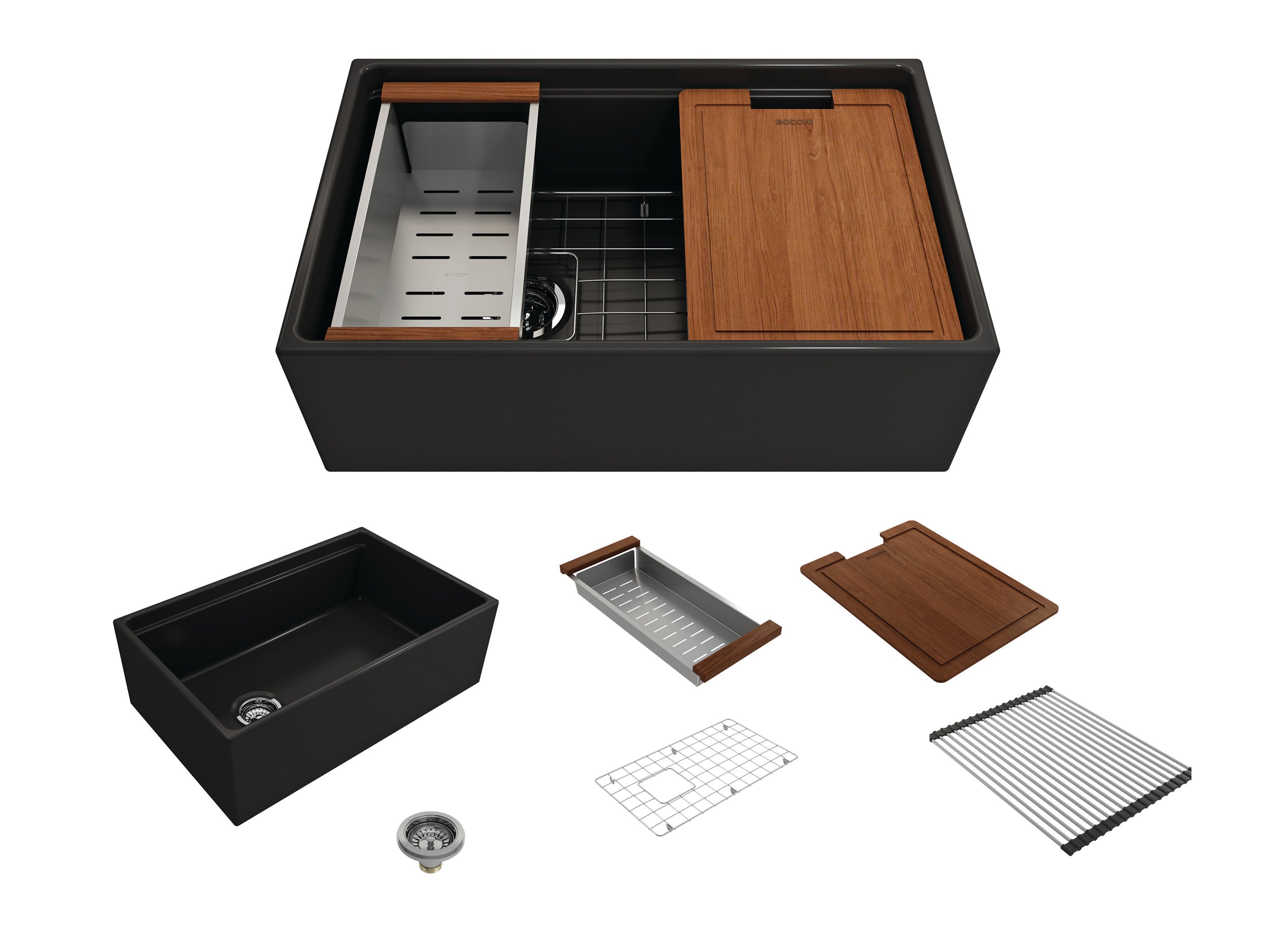 BOCCHI Contempo 30" Fireclay Workstation Farmhouse Sink with Accessories, Matte Black, 1344-004-0120