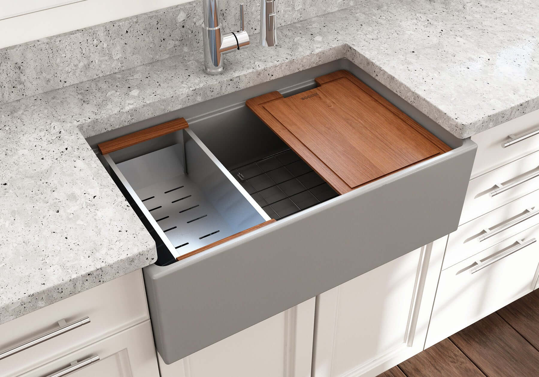 Alternate Image for BOCCHI Contempo 30" Fireclay Workstation Farmhouse Sink with Accessories, Matte Gray, 1344-006-0120