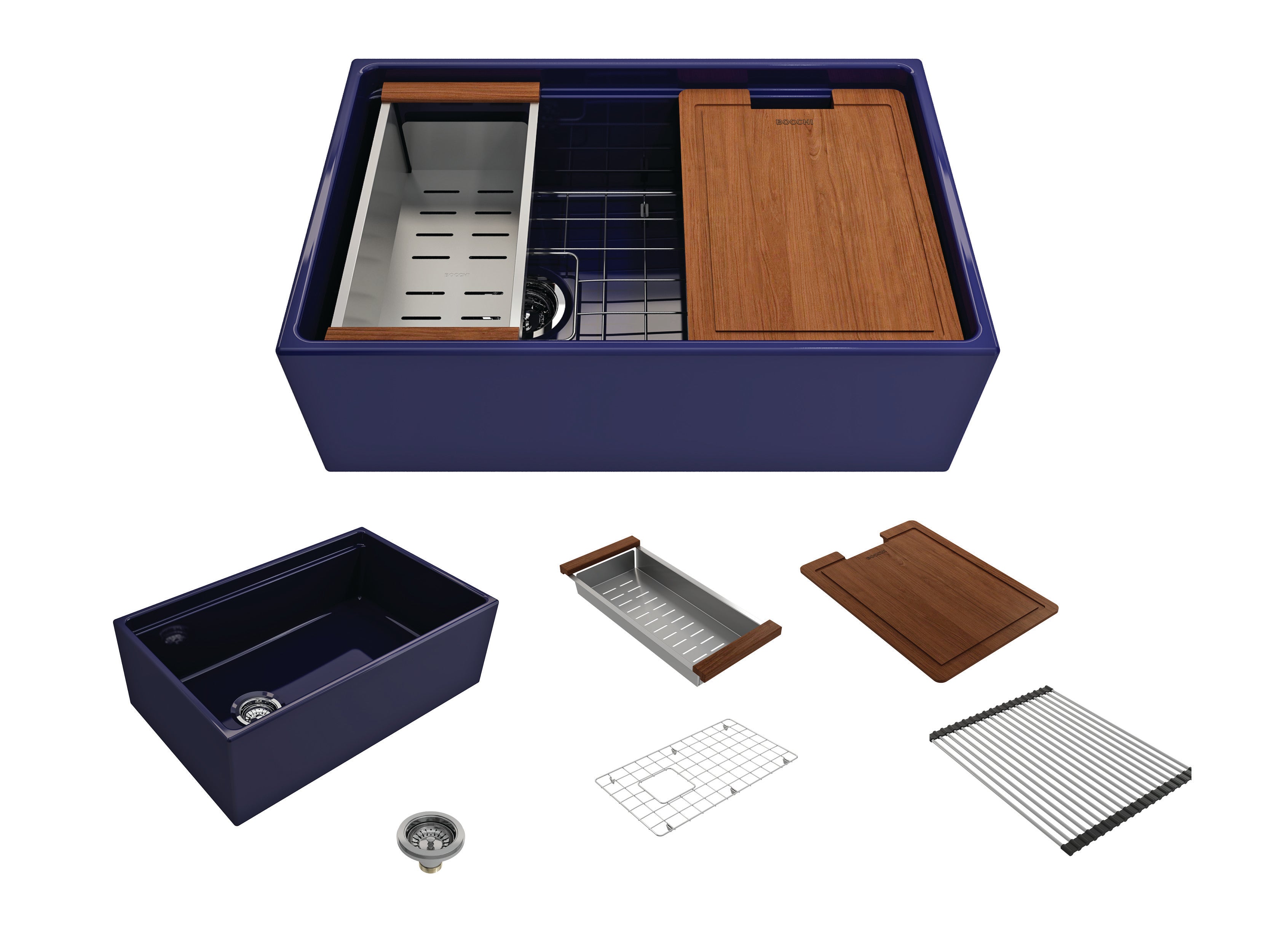 BOCCHI Contempo 30" Fireclay Workstation Farmhouse Sink with Accessories, Sapphire Blue, 1344-010-0120