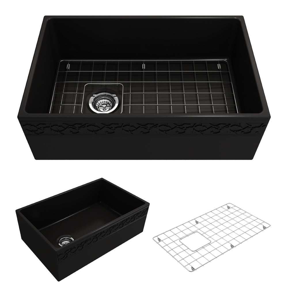 BOCCHI Vigneto 30" Fireclay Farmhouse Apron Single Bowl Kitchen Sink, Matte Black, 1347-004-0120
