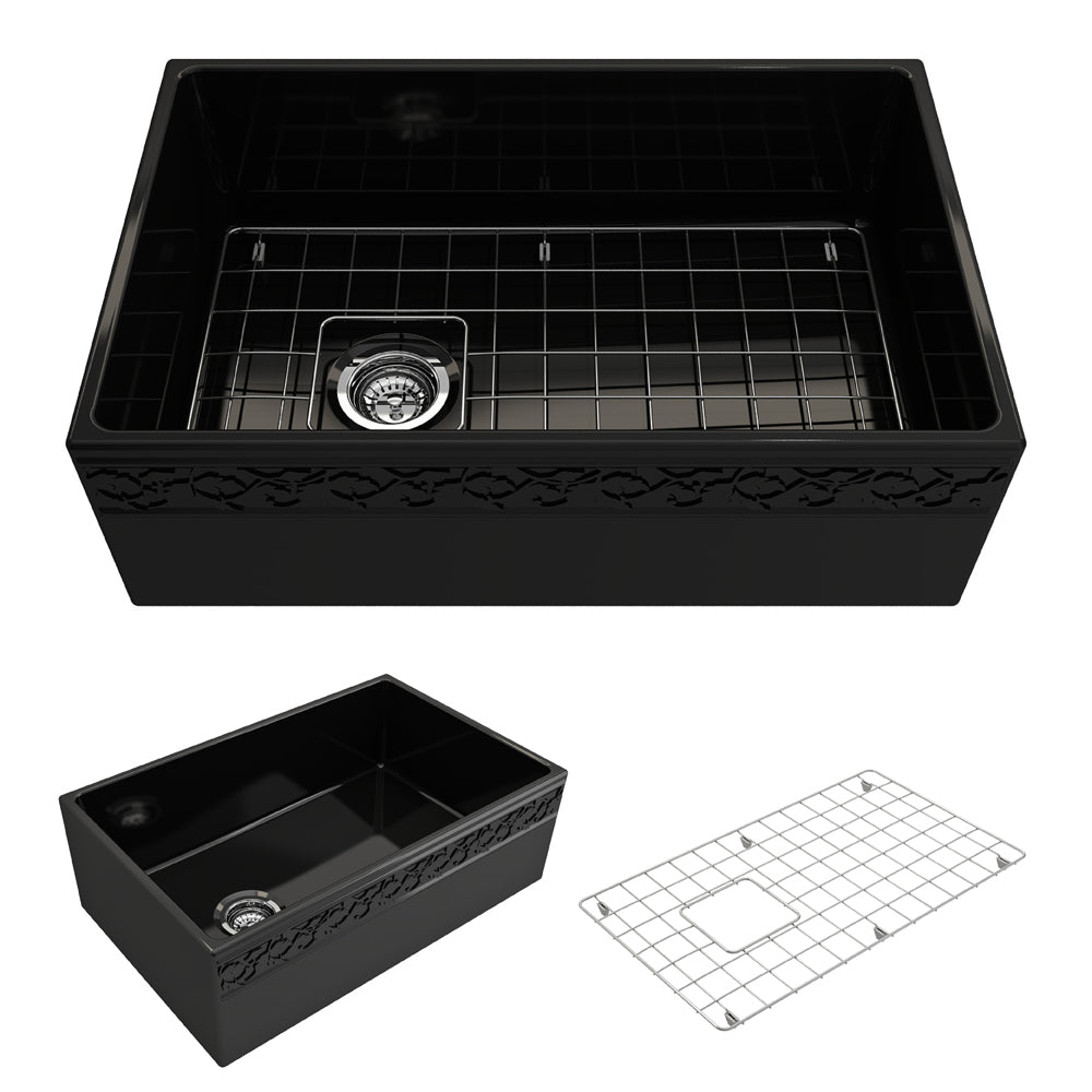 BOCCHI Vigneto 30" Fireclay Farmhouse Apron Single Bowl Kitchen Sink, Black, 1347-005-0120