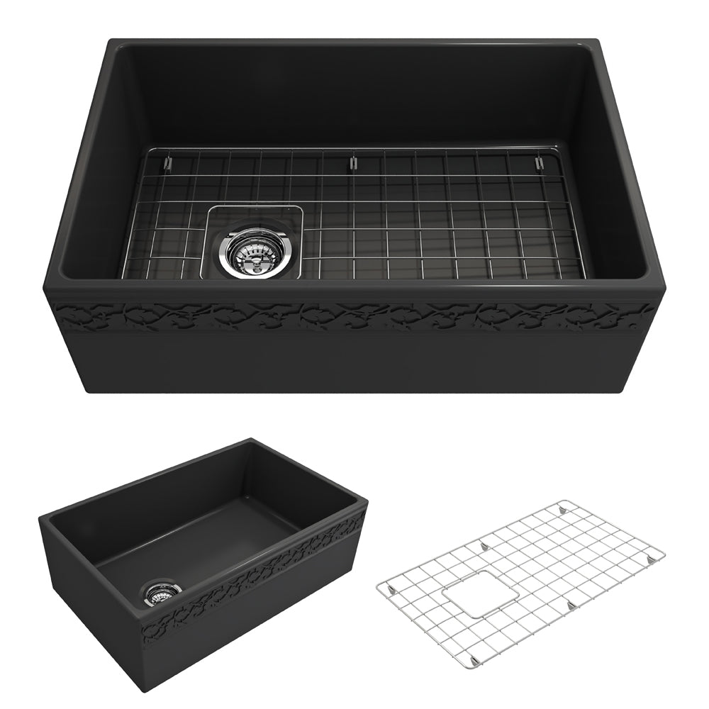 BOCCHI Vigneto 30" Fireclay Farmhouse Apron Single Bowl Kitchen Sink, Matte Dark Gray, 1347-020-0120