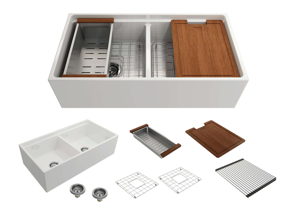 BOCCHI Contempo 36" Fireclay Workstation Farmhouse Sink with Accessories, 50/50 Double Bowl, White, 1348-001-0120