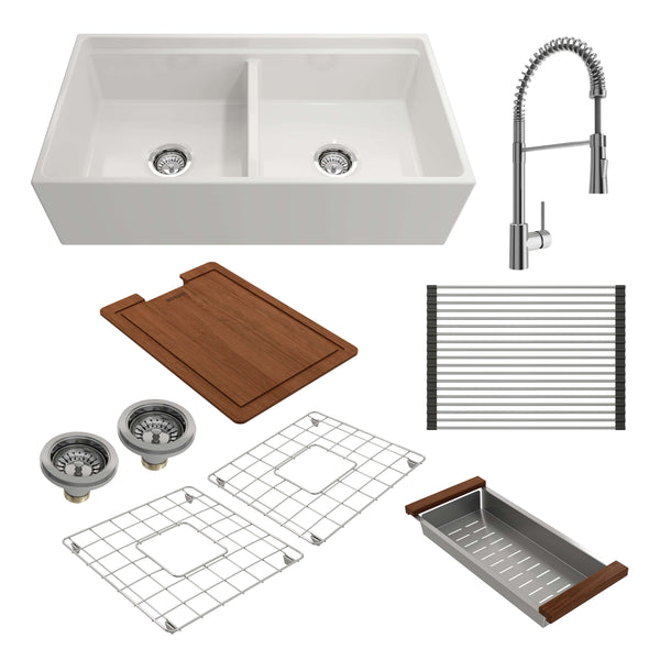 BOCCHI Contempo 36" White Fireclay Workstation Farmhouse Sink Kit with Chrome Faucet and Accessories, 50/50 Double Bowl, 1348-001-2020CH