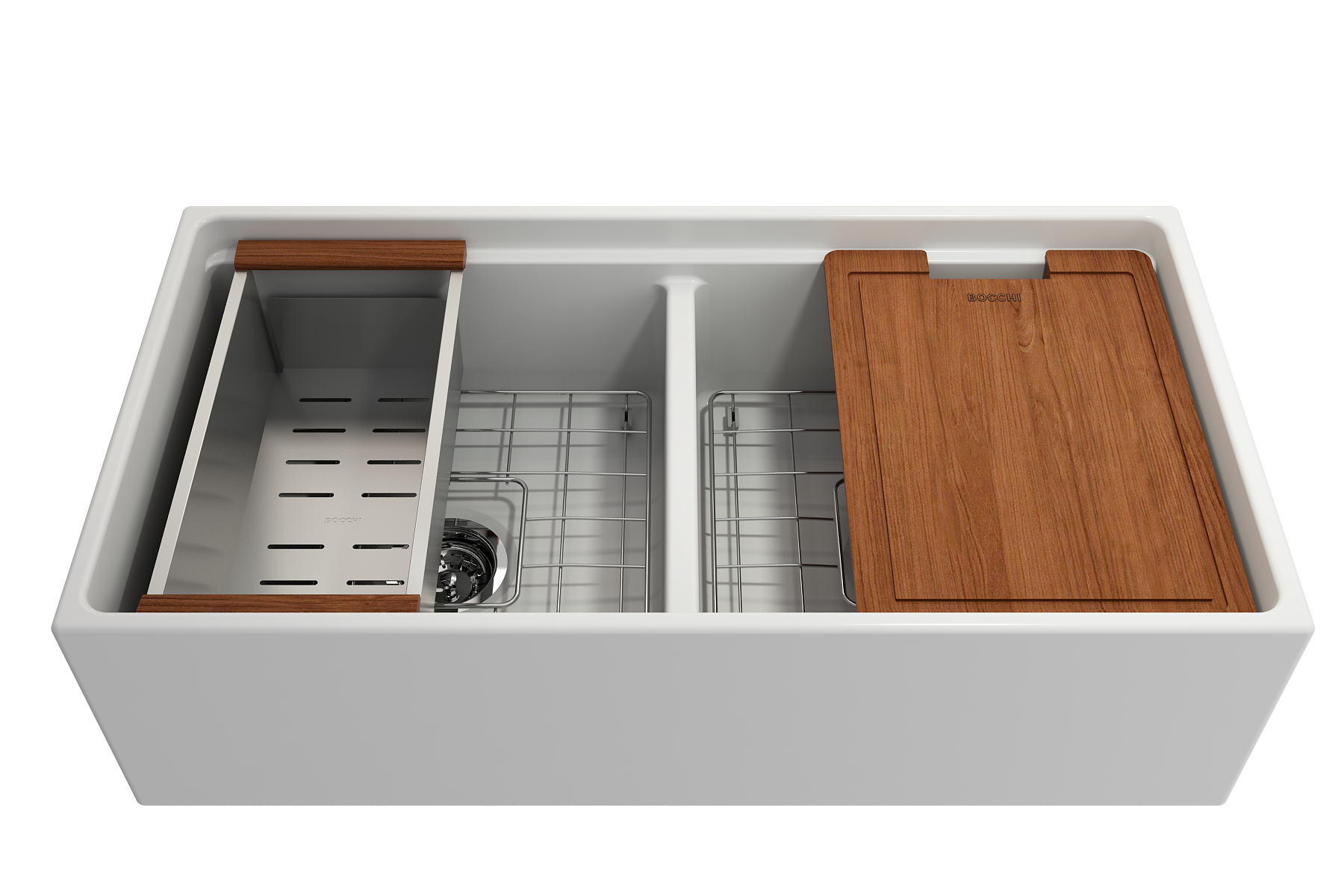 Alternate Image for BOCCHI Contempo 36" Fireclay Workstation Farmhouse Sink with Accessories, 50/50 Double Bowl, Matte White, 1348-002-0120