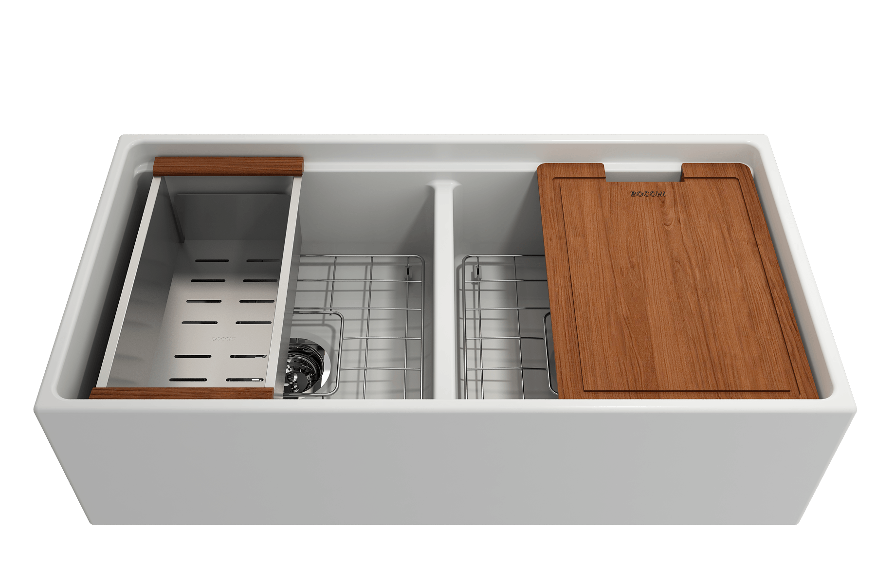 Alternate Image for BOCCHI Contempo 36" Fireclay Workstation Farmhouse Sink with Accessories, 50/50 Double Bowl, Matte White, 1348-002-0120