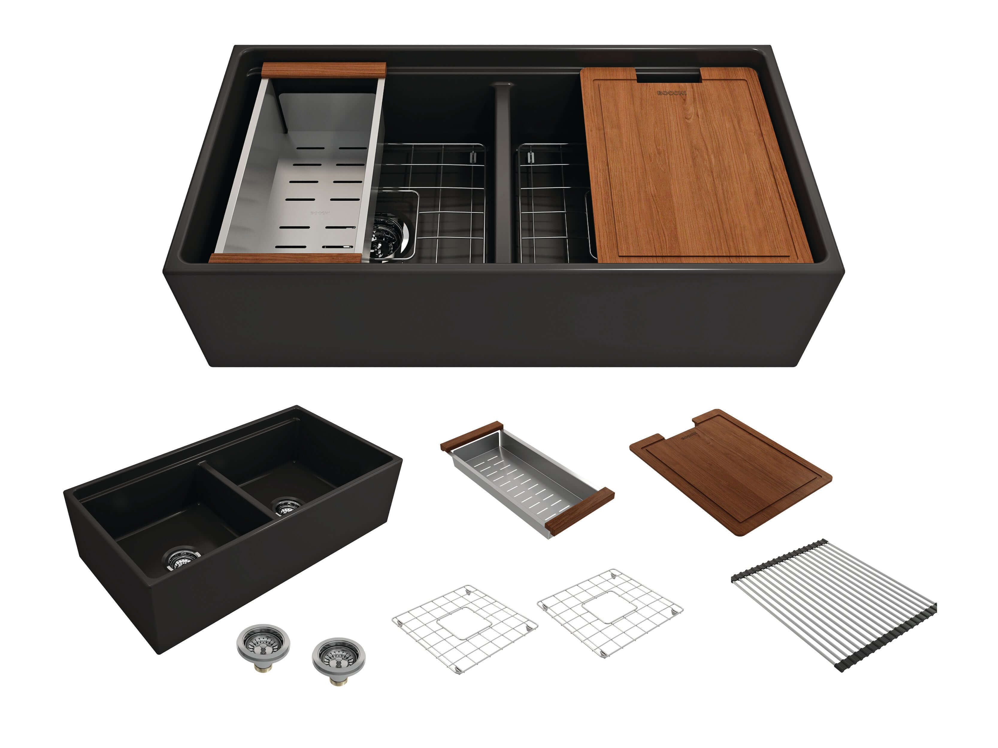 Alternate Image for BOCCHI Contempo 36" Fireclay Workstation Farmhouse Sink with Accessories, 50/50 Double Bowl, Matte Black, 1348-004-0120