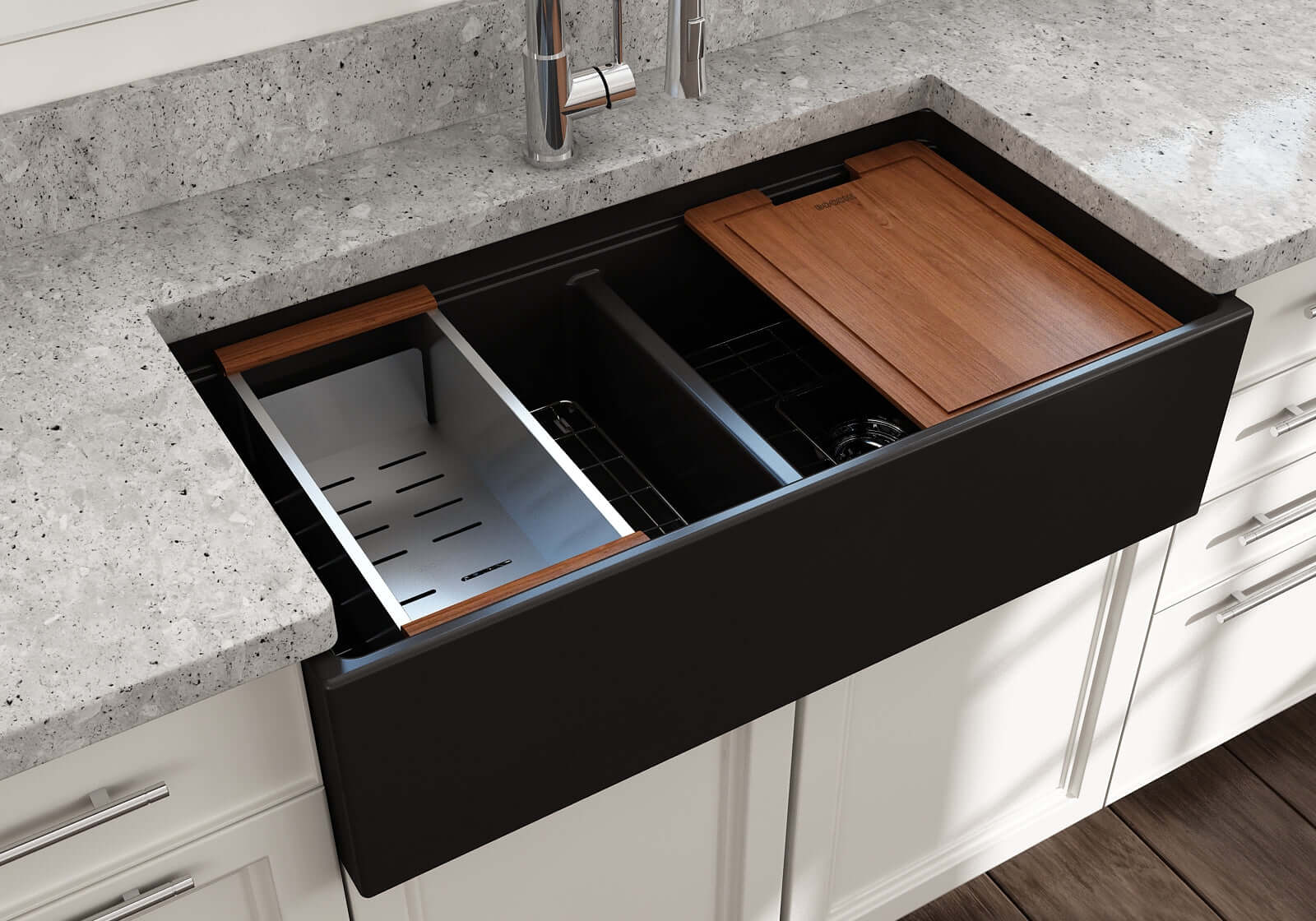Alternate Image for BOCCHI Contempo 36" Fireclay Workstation Farmhouse Sink with Accessories, 50/50 Double Bowl, Matte Black, 1348-004-0120