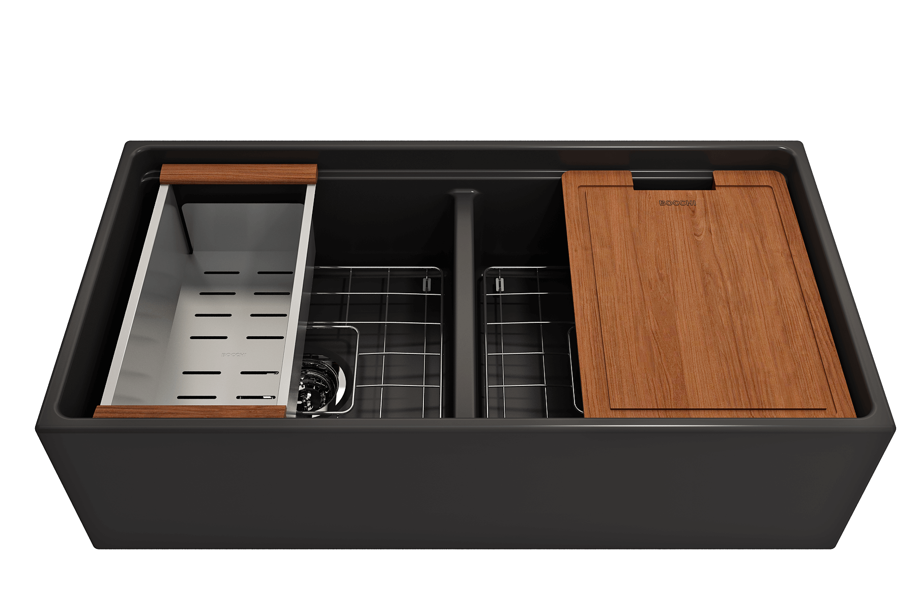 Alternate Image for BOCCHI Contempo 36" Fireclay Workstation Farmhouse Sink with Accessories, 50/50 Double Bowl, Matte Black, 1348-004-0120