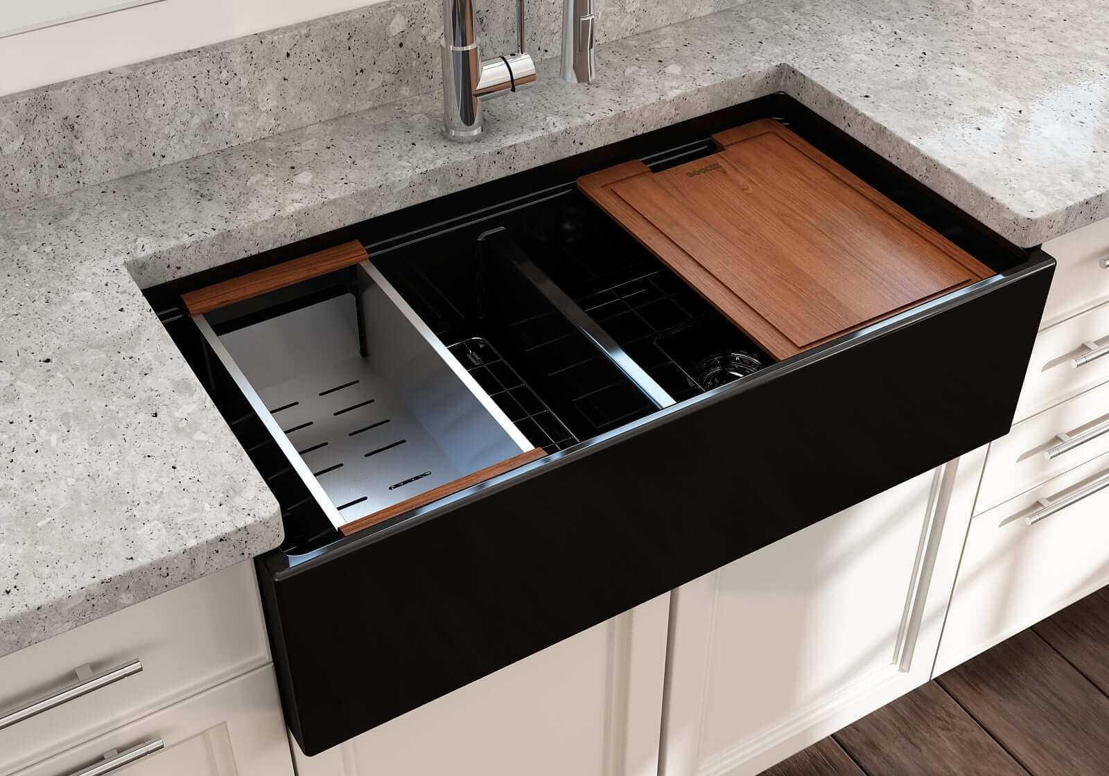 Alternate Image for BOCCHI Contempo 36" Fireclay Workstation Farmhouse Sink with Accessories, 50/50 Double Bowl, Black, 1348-005-0120