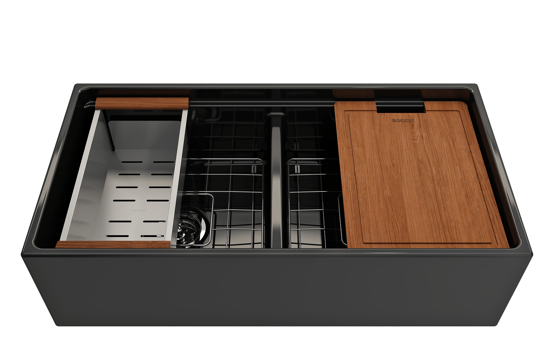 Alternate Image for BOCCHI Contempo 36" Fireclay Workstation Farmhouse Sink with Accessories, 50/50 Double Bowl, Black, 1348-005-0120