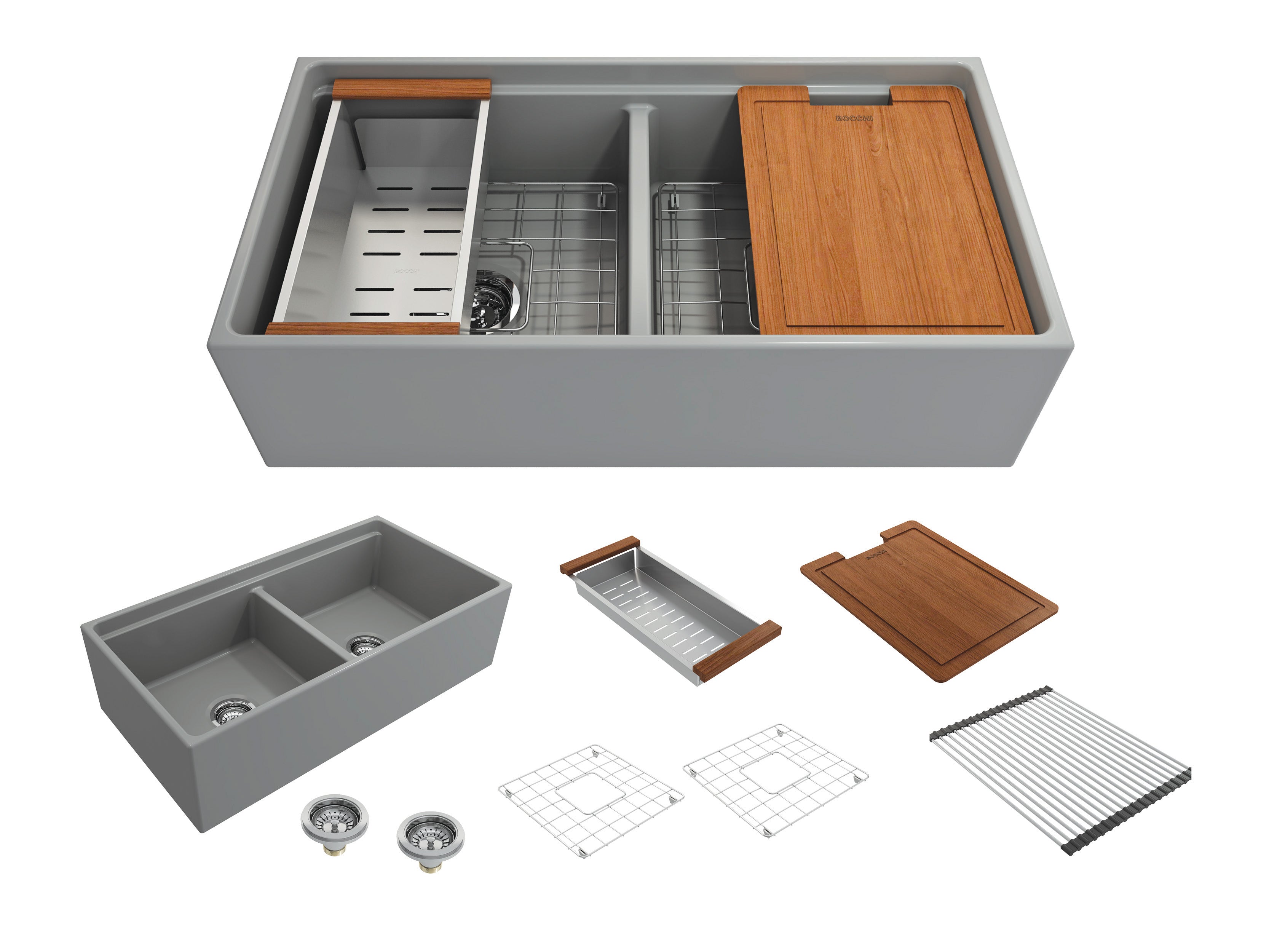 BOCCHI Contempo 36" Fireclay Workstation Farmhouse Sink with Accessories, 50/50 Double Bowl, Matte Gray, 1348-006-0120