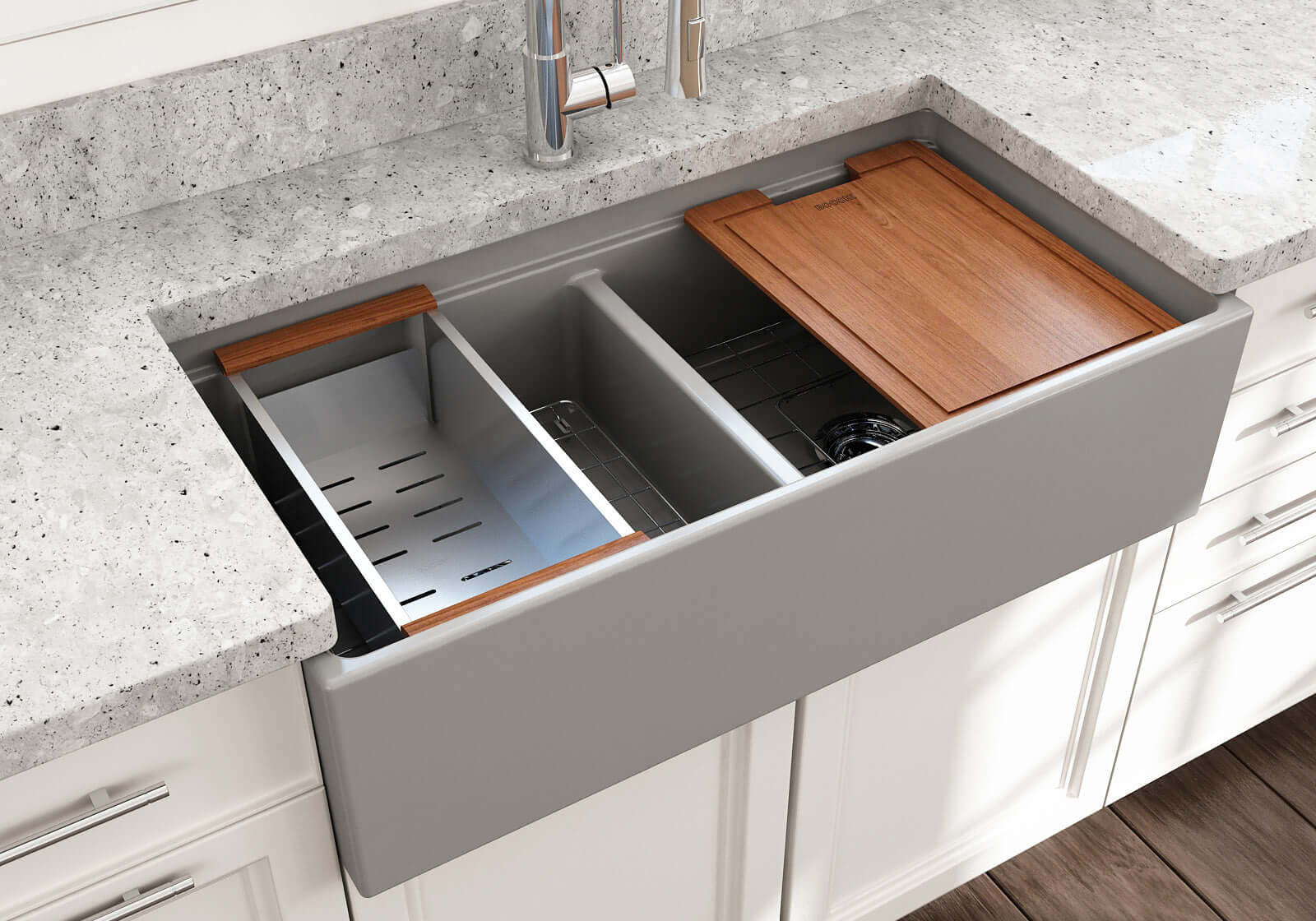 Alternate Image for BOCCHI Contempo 36" Fireclay Workstation Farmhouse Sink with Accessories, 50/50 Double Bowl, Matte Gray, 1348-006-0120