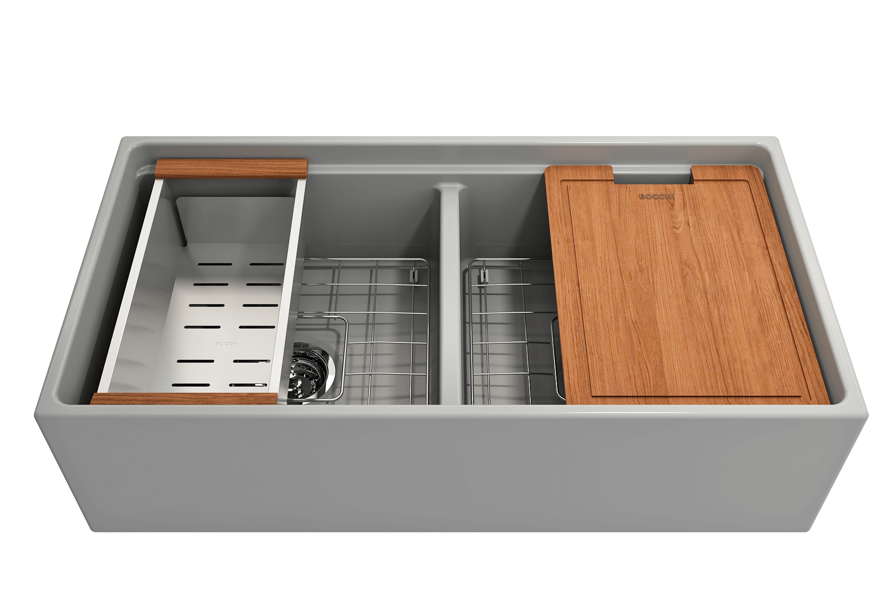 Alternate Image for BOCCHI Contempo 36" Fireclay Workstation Farmhouse Sink with Accessories, 50/50 Double Bowl, Matte Gray, 1348-006-0120