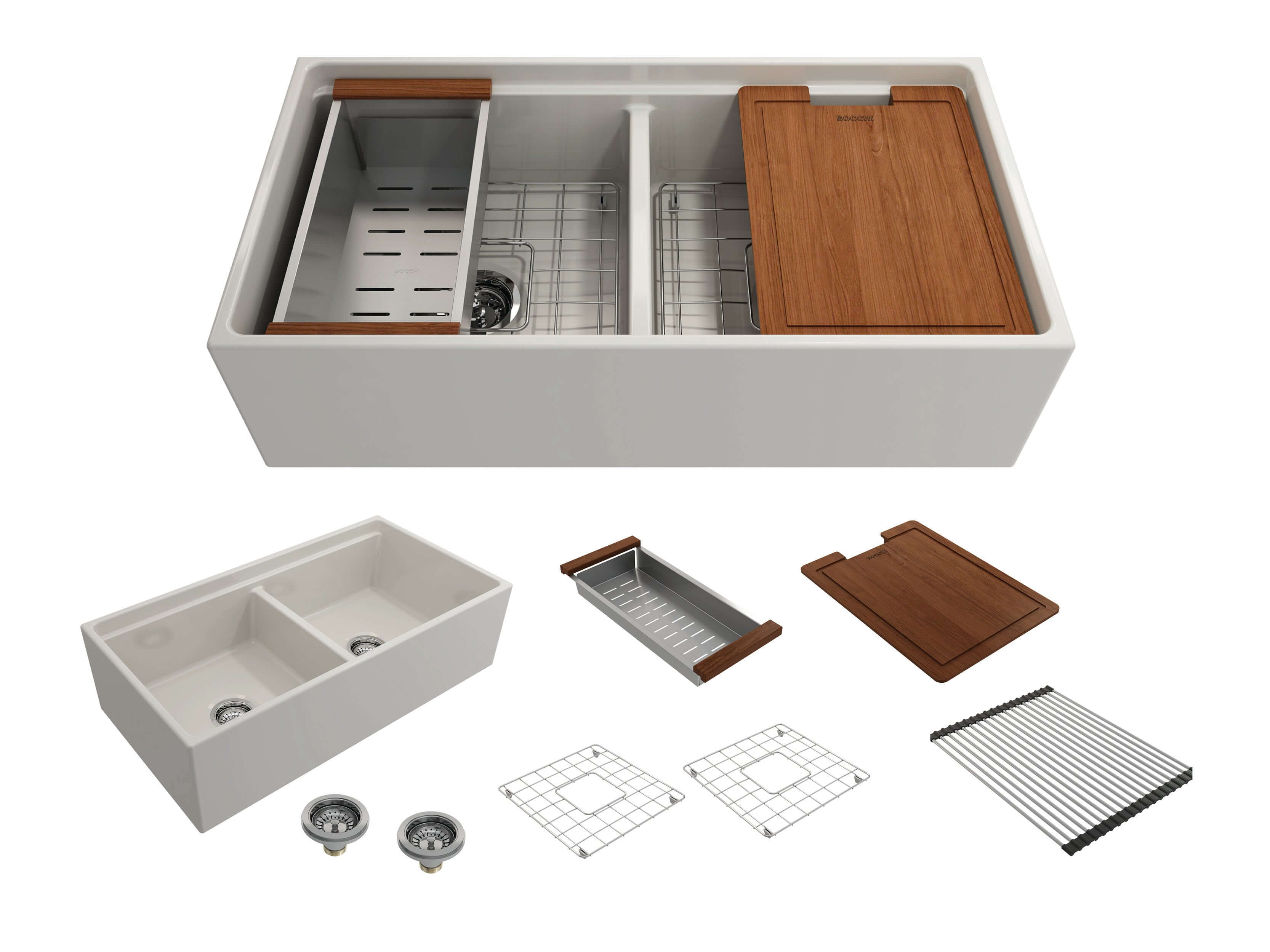 Alternate Image for BOCCHI Contempo 36" Fireclay Workstation Farmhouse Sink with Accessories, 50/50 Double Bowl, Biscuit, 1348-014-0120