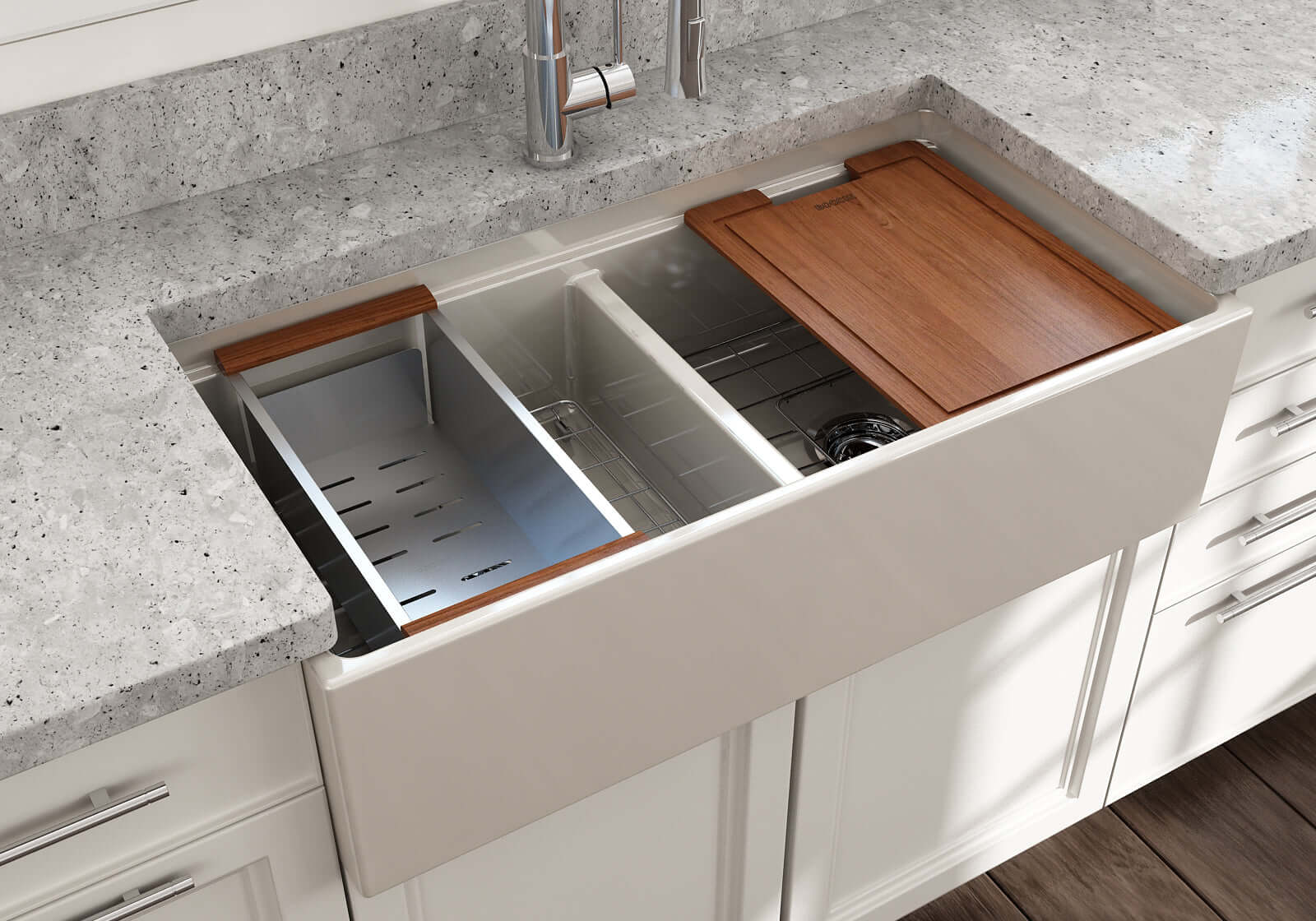 Alternate Image for BOCCHI Contempo 36" Fireclay Workstation Farmhouse Sink with Accessories, 50/50 Double Bowl, Biscuit, 1348-014-0120