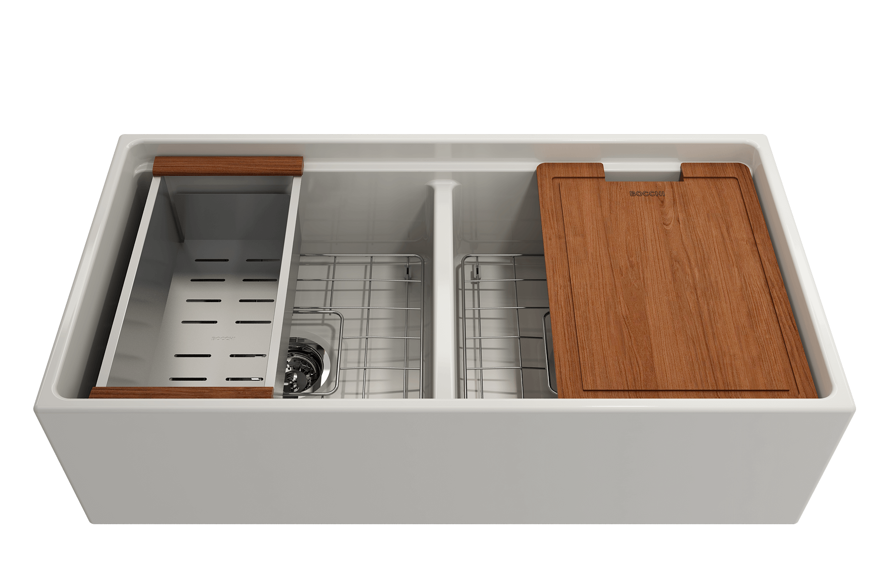 Alternate Image for BOCCHI Contempo 36" Fireclay Workstation Farmhouse Sink with Accessories, 50/50 Double Bowl, Biscuit, 1348-014-0120