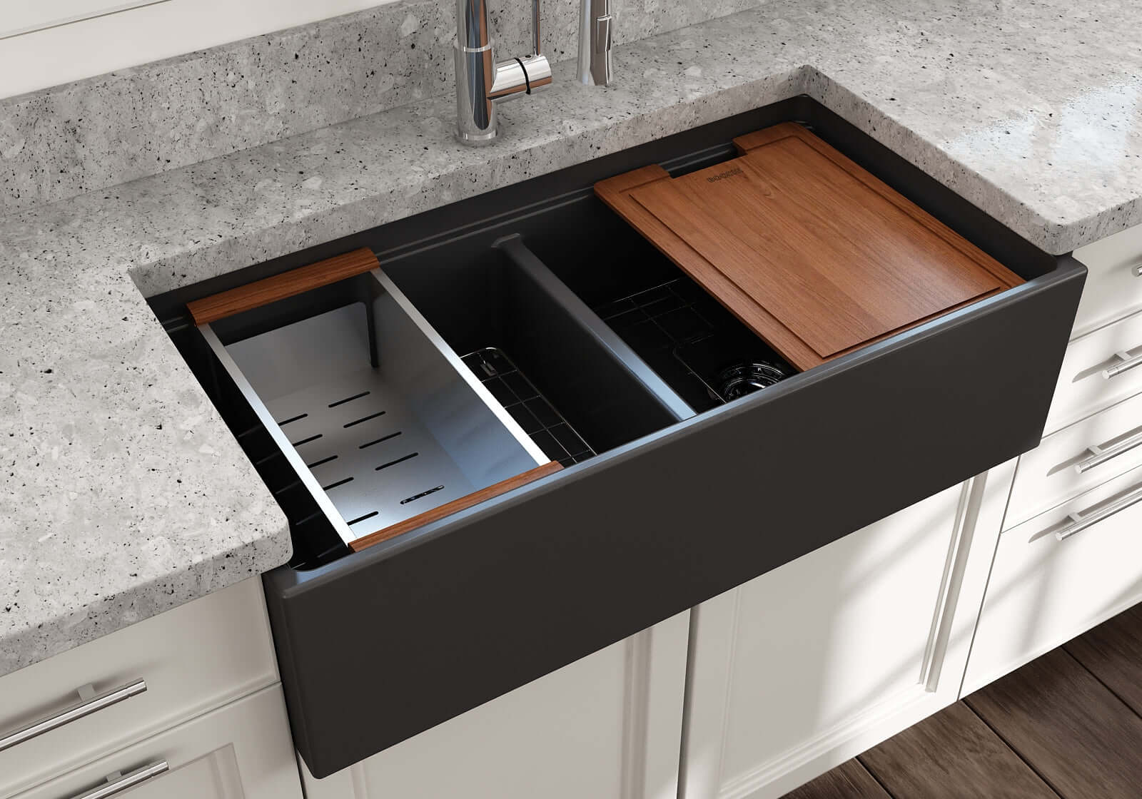 Alternate Image for BOCCHI Contempo 36" Fireclay Workstation Farmhouse Sink with Accessories, 50/50 Double Bowl, Matte Dark Gray, 1348-020-0120