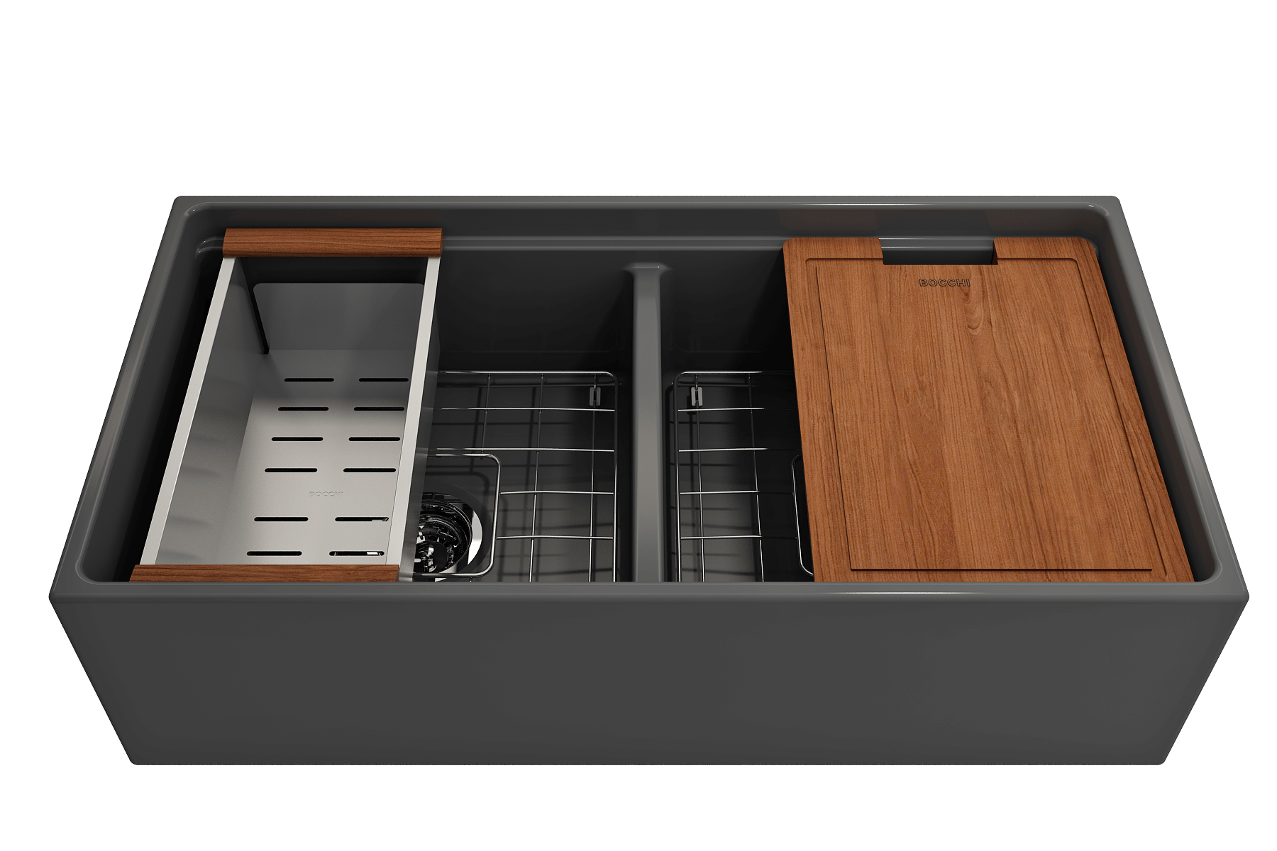 Alternate Image for BOCCHI Contempo 36" Fireclay Workstation Farmhouse Sink with Accessories, 50/50 Double Bowl, Matte Dark Gray, 1348-020-0120