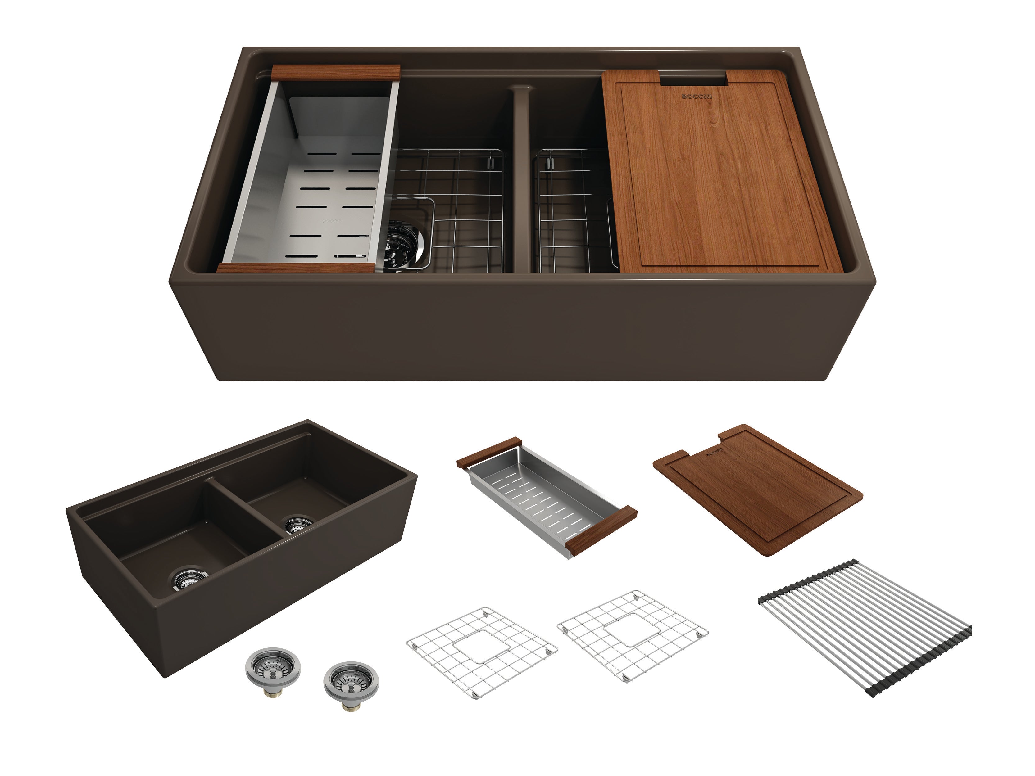 BOCCHI Contempo 36" Fireclay Workstation Farmhouse Sink with Accessories, 50/50 Double Bowl, Matte Brown, 1348-025-0120